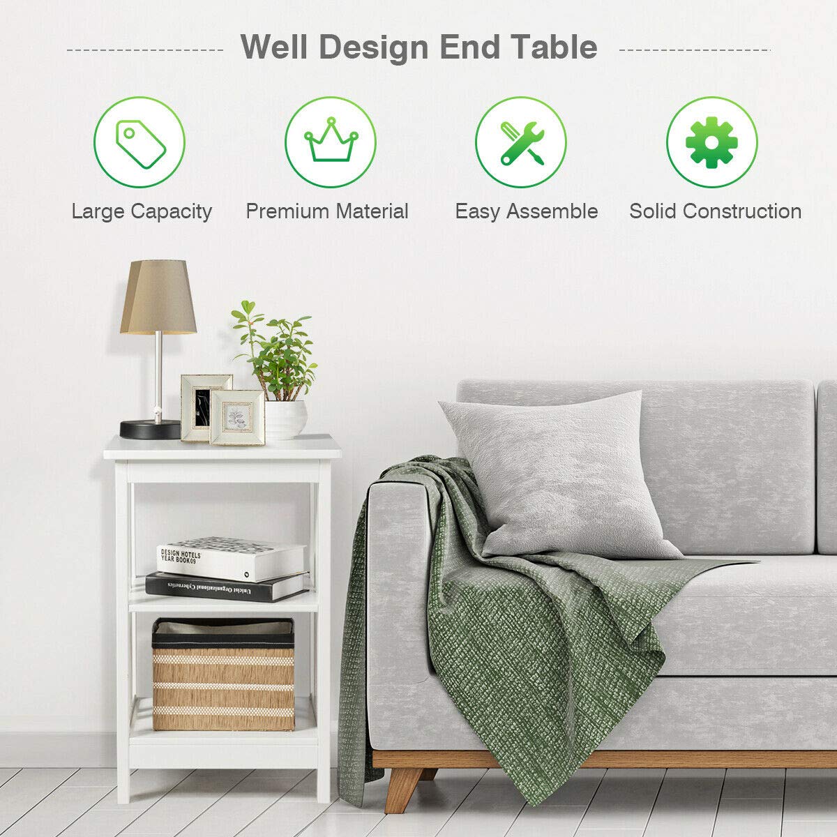 Giantex Nightstand Set of 2 - 3-Tier End Table with Storage Shelves, Sturdy Modern Bedside Table for Bedroom & Living Room - White Wooden Side Table for Small Spaces - Easy Assembly - Perfect for Apartment, Dorm, Guest Room & Home Office