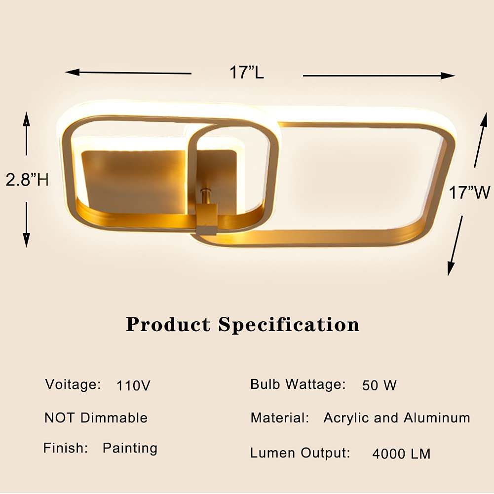 Becailyer 50W Modern LED Ceiling Light - Gold Geometric Square Flush Mount Lighting Fixture, 6000K Cool White - Perfect for Living Room, Bedroom, Dining Room & Office Spaces