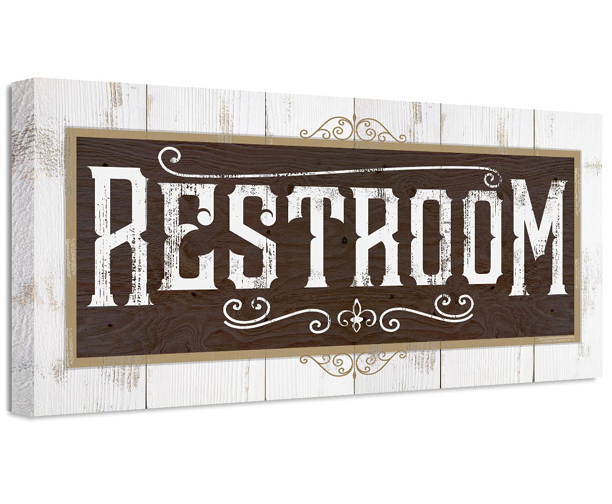 Vintage Farmhouse Restroom Sign - Boho Style Bathroom Decor & Housewarming Gift, Antique Wood Look Canvas Art Print 18x36 - Perfect for Home, Restaurant & Office Decor