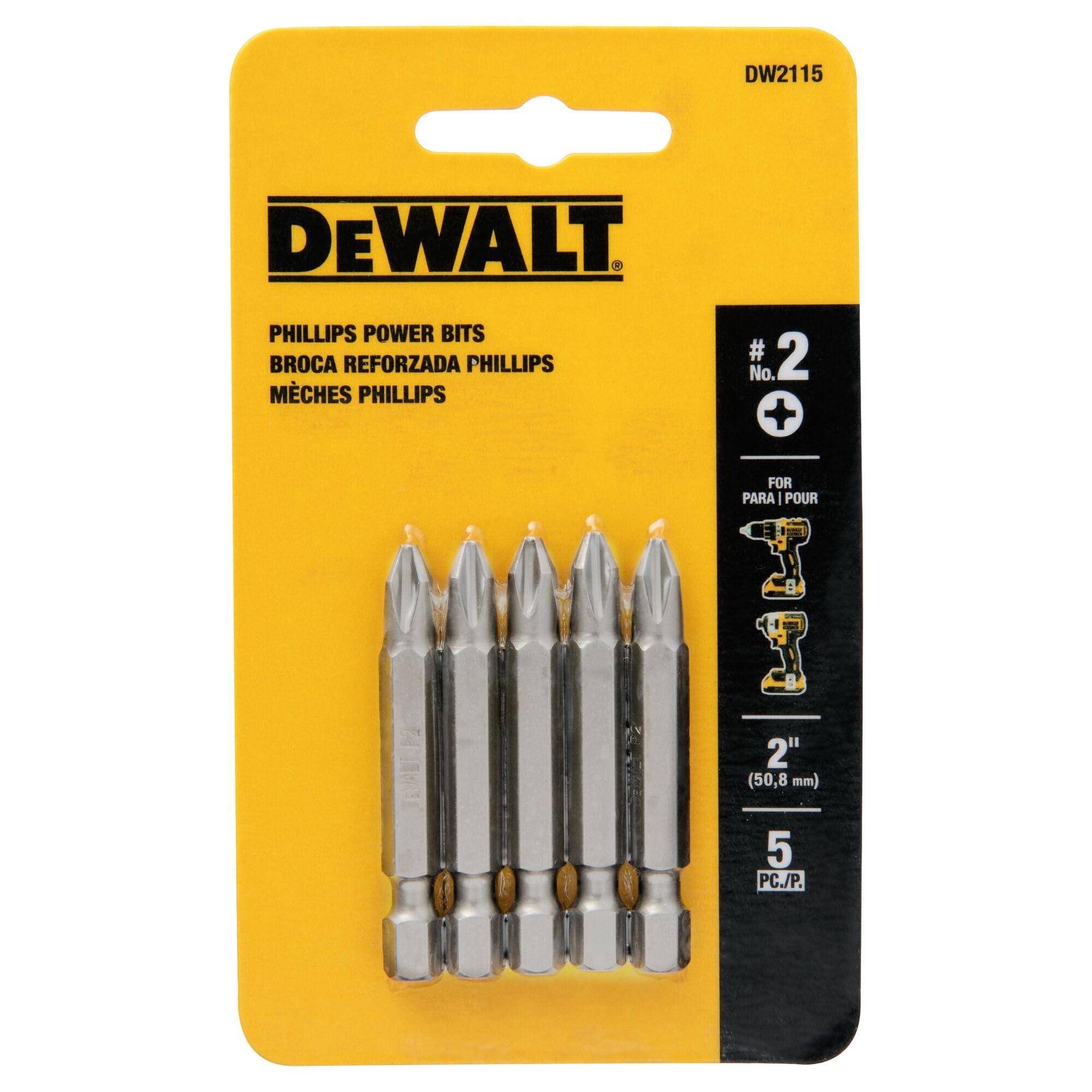 DEWALT 5-Piece Screwdriver Set with #2 Phillips and 2-Inch Power Bits (DW2115) - Perfect for DIY Projects, Home Repairs, and Professional Construction Work