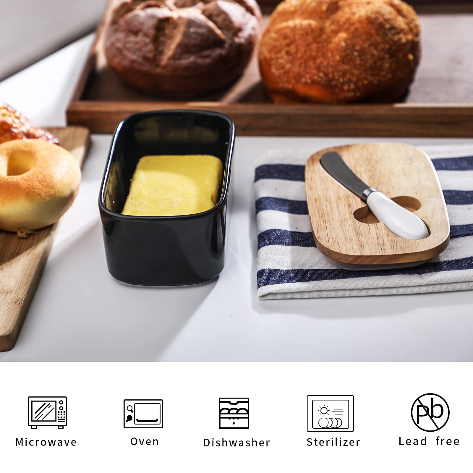 Premium Large Ceramic Butter Dish with Silicone Seal - Natural Wood Lid & Stainless Steel Butter Knife Included | Elegant Kitchen Decor & Practical Countertop Butter Keeper | Perfect Housewarming Gift & Wedding Present (Black) | Ideal for Breakfast Bars, Coffee Stations & Farmhouse-Style Kitchens