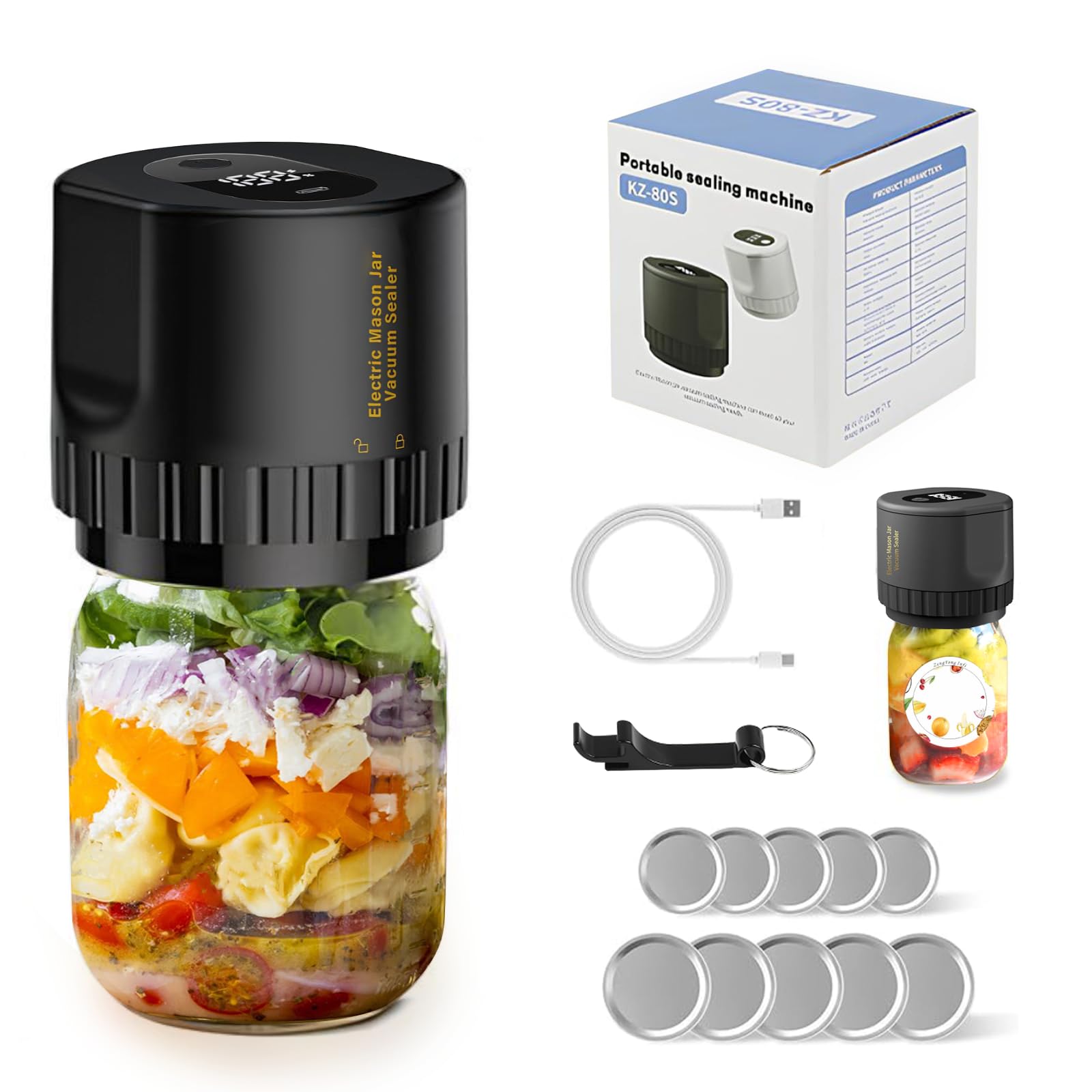 Electric Mason Jar Vacuum Sealer Kit - Auto Stop 80kPa Food Preserver for Wide & Regular Mouth Jars | Airtight Storage for Dry Foods, Coffee, Nuts & Meal Prep (Black)