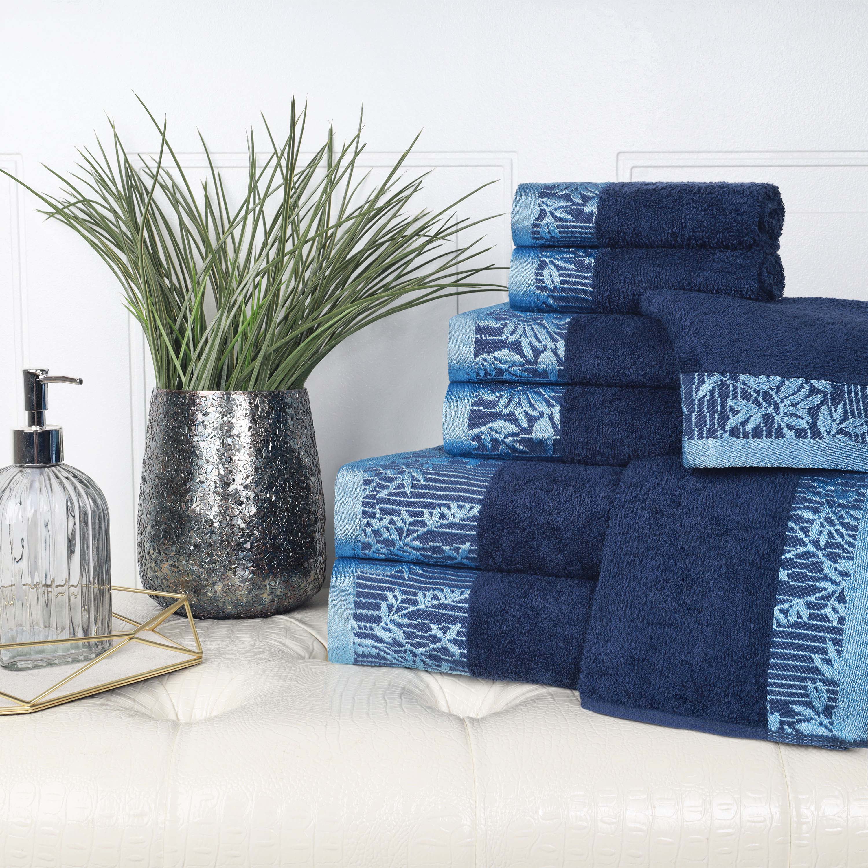 Premium Wisteria Cotton Floral Embroidered Jacquard Border 8-Piece Bath Towel Set - Soft & Absorbent for Spa, Bathroom & Guest Use