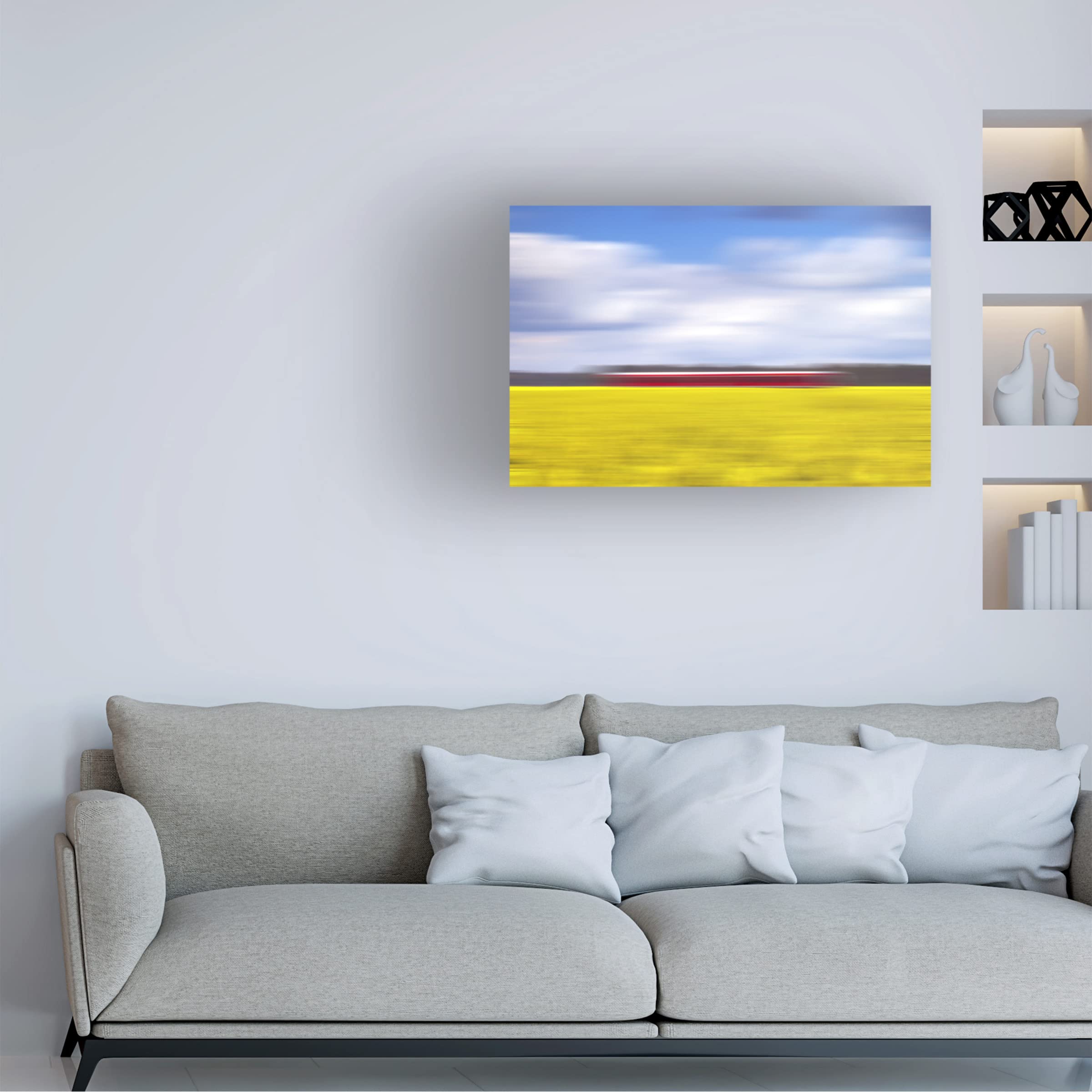 Trademark Fine Art 'Canola And The Red Train' Canvas Wall Art Print by Oliver Buchmann - Modern Landscape Painting for Living Room, Bedroom & Office Decor