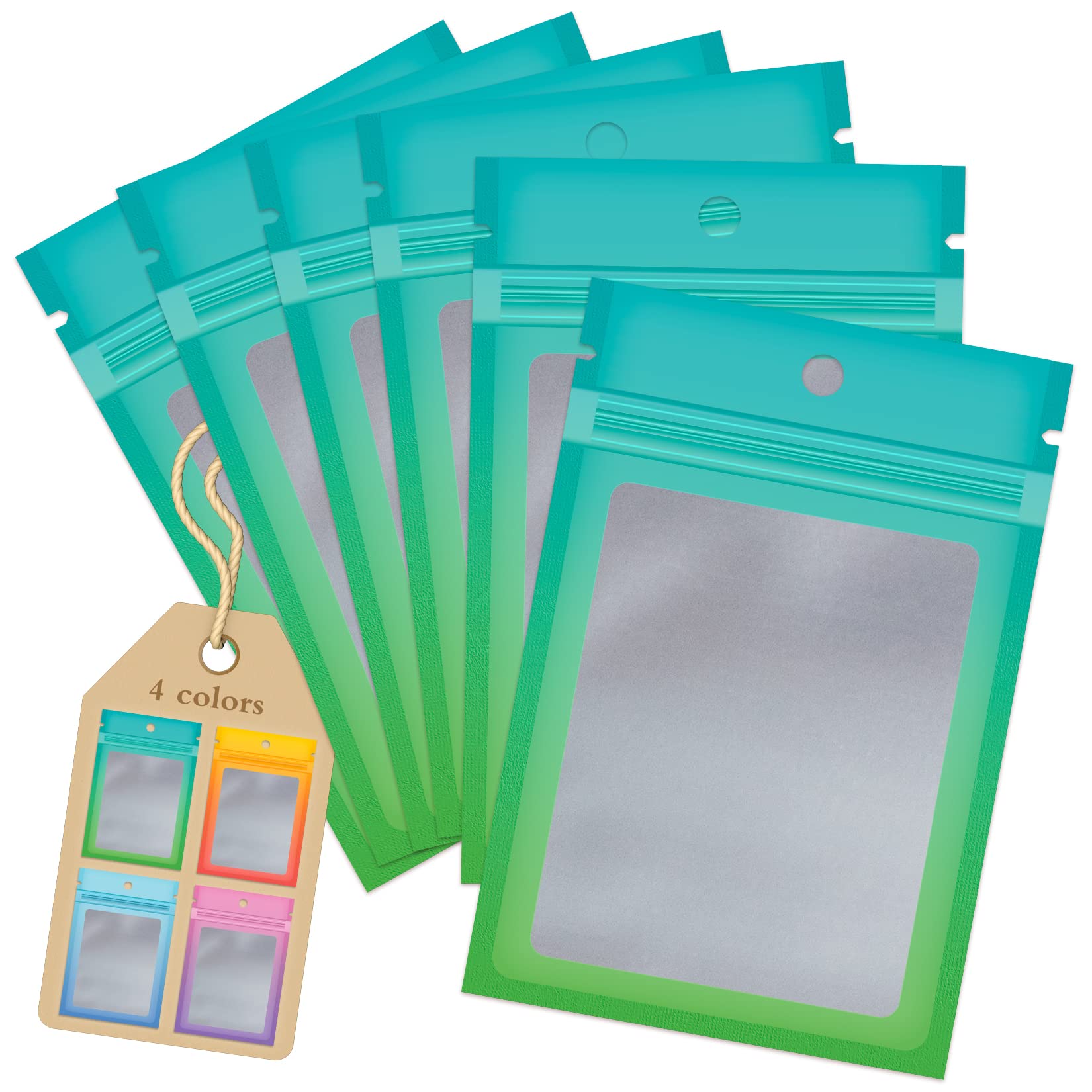 Funfery 100 Pack Resealable Smell Proof Food Storage Bags - 4x6 Inch Clear Mylar Zipper Pouch for Jewelry, Eyelash, Gloss Samples (Blue Green) | Ideal for Small Business Packaging & Organizing