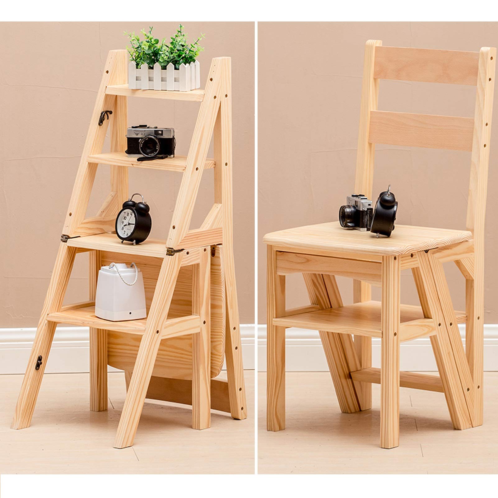 Portable Folding Wooden Step Ladder Chair - Heavy Duty Anti-Slip Stepladder with Multifunctional Use for Home, Library, Kitchen & Garden | Bookshelf Helper, Plant Stand & Decorative Storage Solution