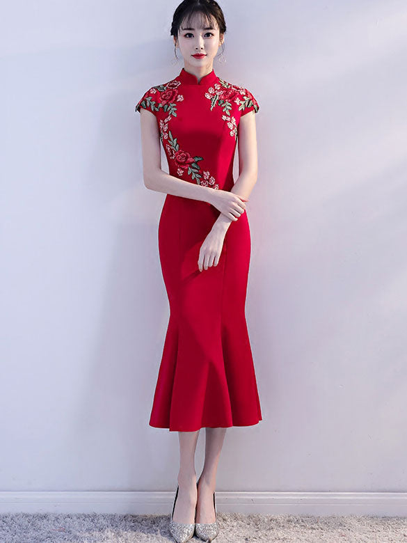 Elegant Red Embroidered Fishtail Qipao Cheongsam Wedding Dress for Brides - Perfect for Traditional Chinese Weddings, Tea Ceremonies & Special Occasions