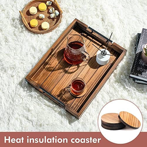 Berry Store Wooden Ottoman Tray with Handle – Set of 4 Natural Wood Coasters – Rustic Serving Tray for Coffee Table & Kitchen Decor – Breakfast in Bed Tray – Perfect for Living Room, Bedroom & Home Decor