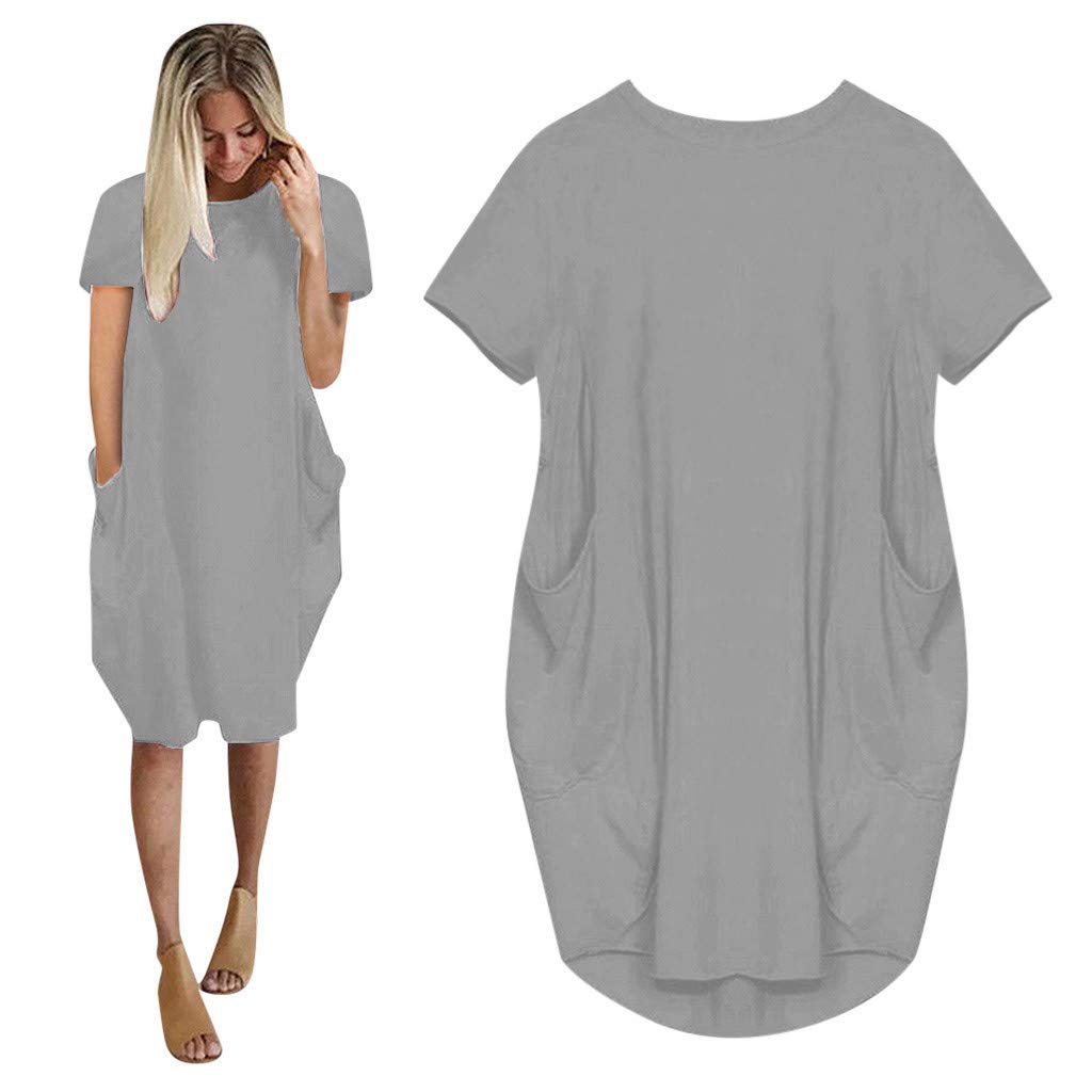 Women's Oversized Jumper Baggy Summer Dress with Pockets - Trendy Pullover Mini Dress, Short Sleeve Grey - Perfect for Beach, Vacation & Casual Outings