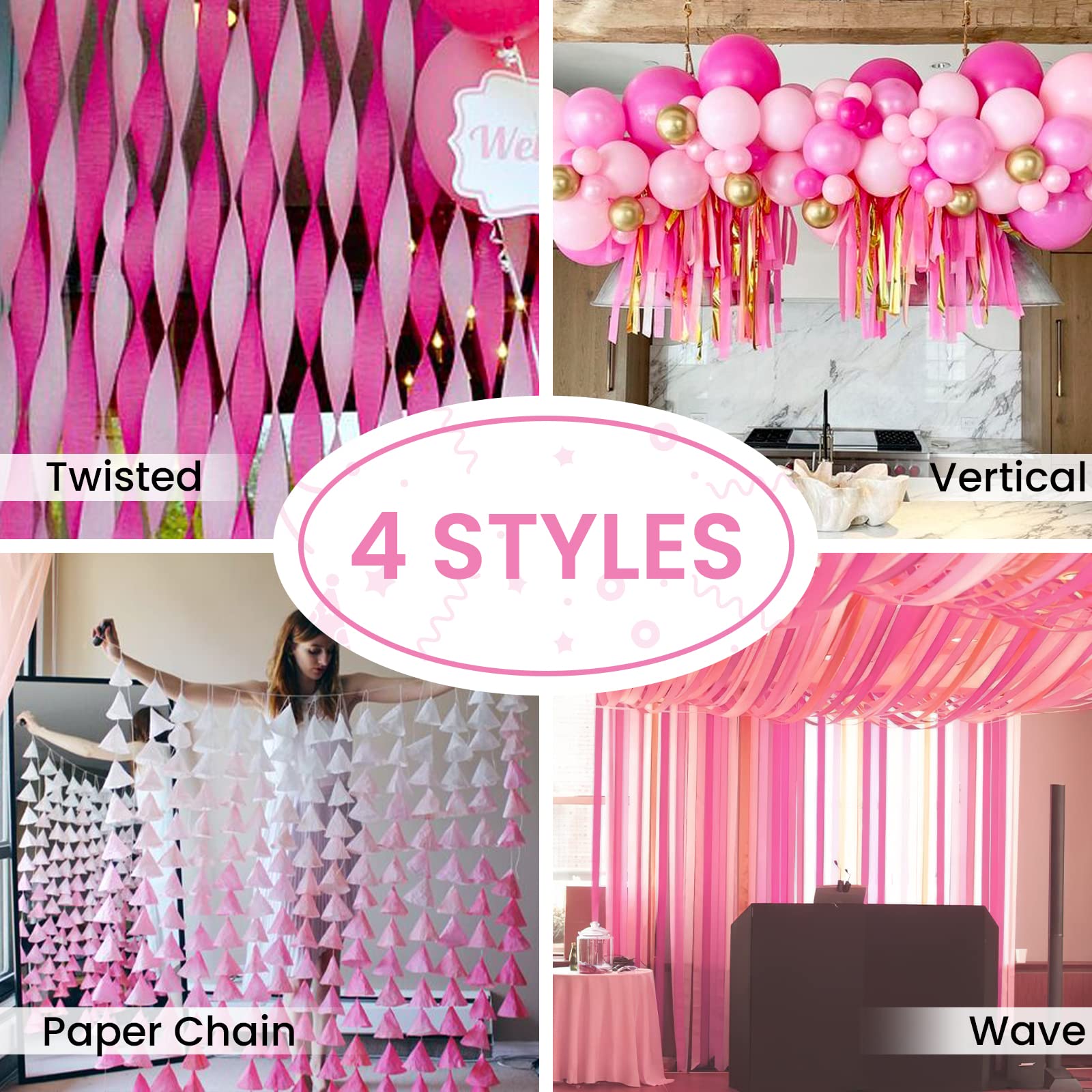 PartyWoo Crepe Paper Streamers - 8 Rolls (656ft Total) - Metallic Gold, White & Pink Decorative Streamers for Birthday, Wedding & Party Decorations (1.8