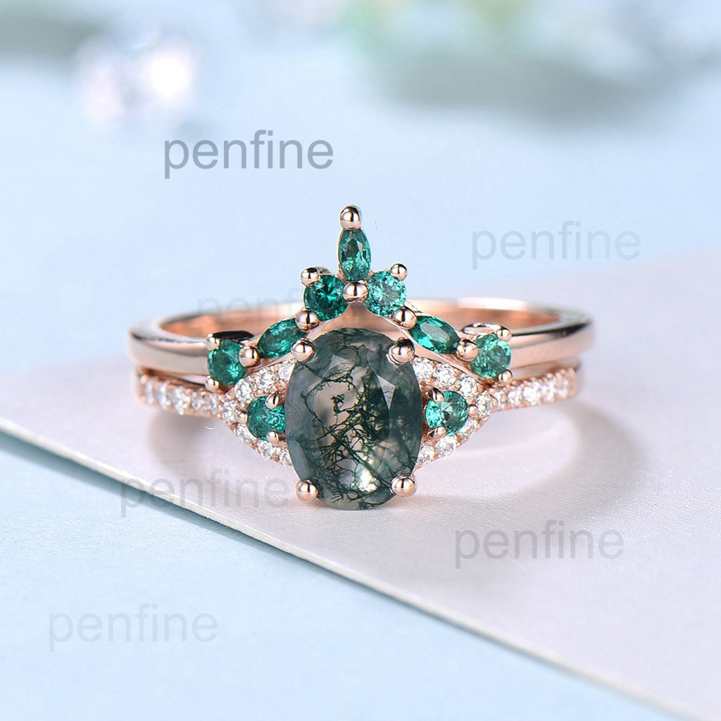 Elegant Moss Agate Ring Set - Vintage Green Stone Wedding Ring for Women, Unique Moss Agate Engagement Ring Bridal Set, Emerald Anniversary Gift - Perfect for Bridal Jewelry, Wedding Bands & Special Occasion Gifts