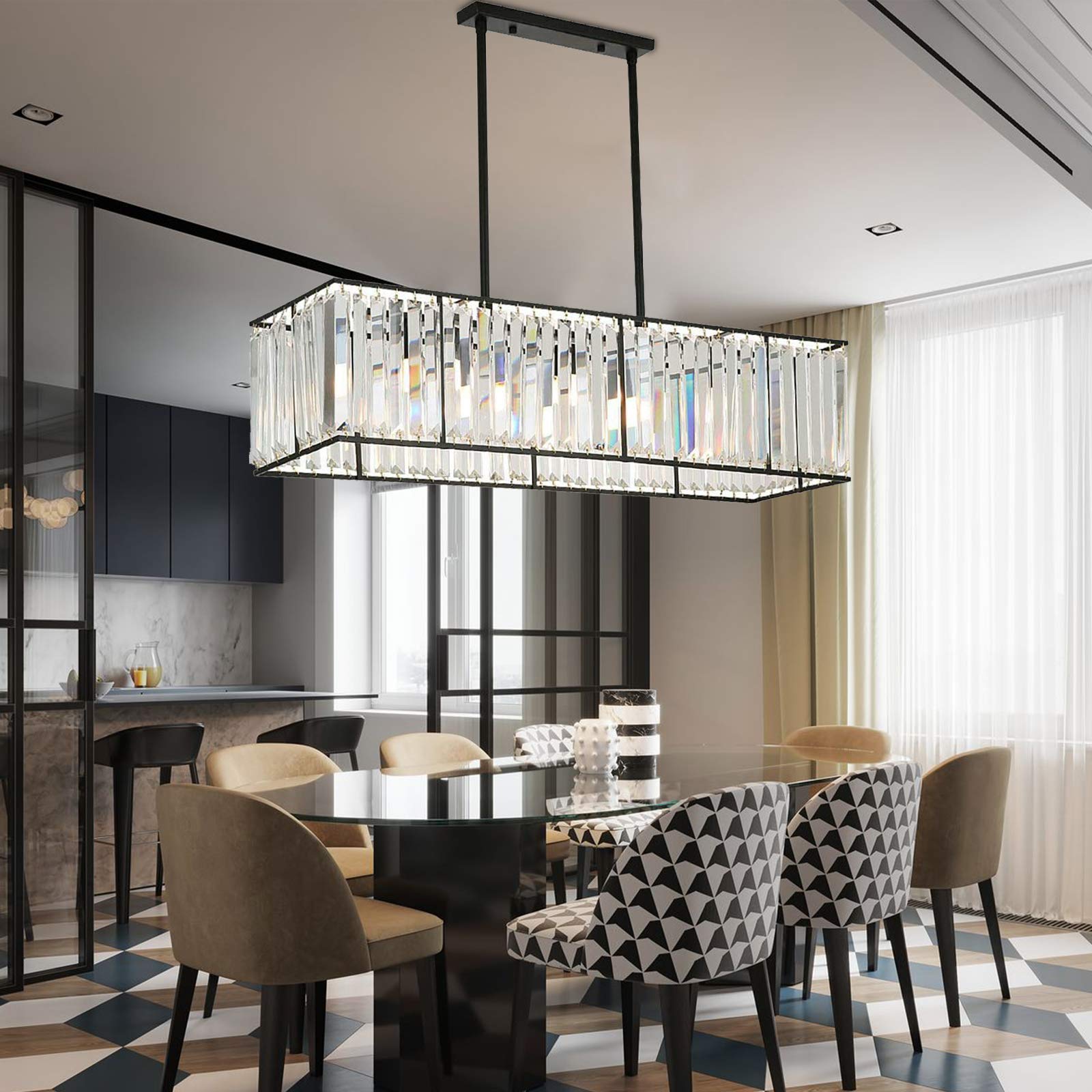 YIYIBYUS 85×22 Inch 4-Light Modern Industrial Rectangular Raindrop K9 Crystal Chandelier - Adjustable Height 16-32 Inches, 110V E12 Black Ceiling Light for Dining Room, Living Room, Bedroom & Foyer