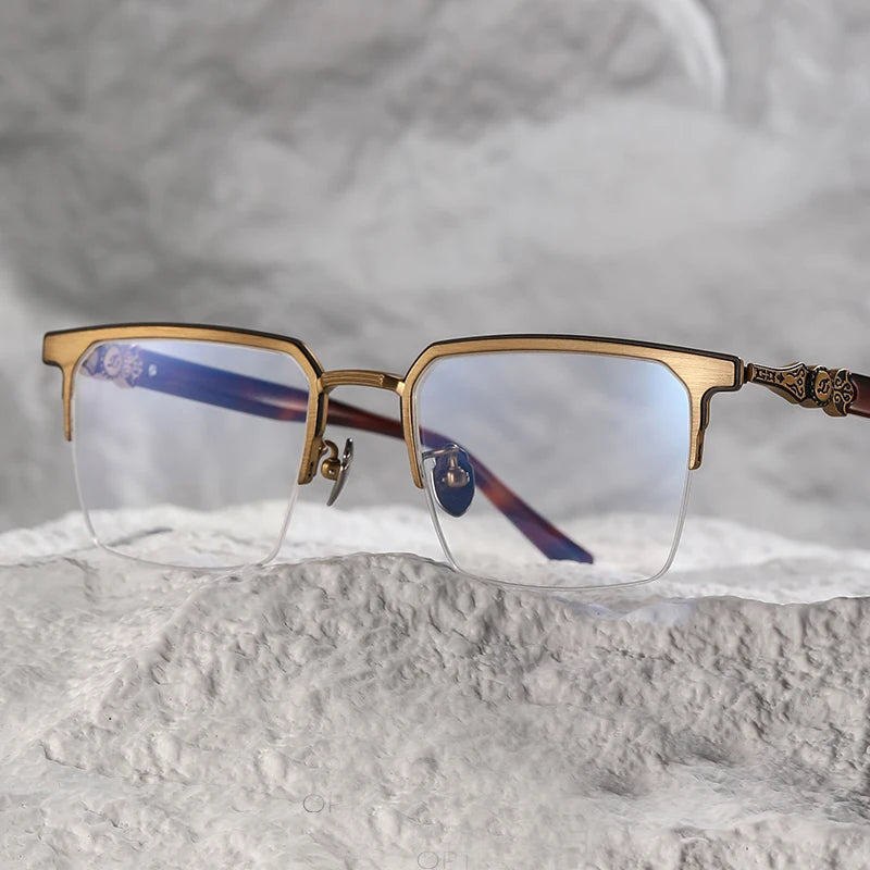 Unisex Black Semi-Rim Square Titanium Eyeglasses Frame 46860 - Lightweight & Durable for Work, Reading & Fashion