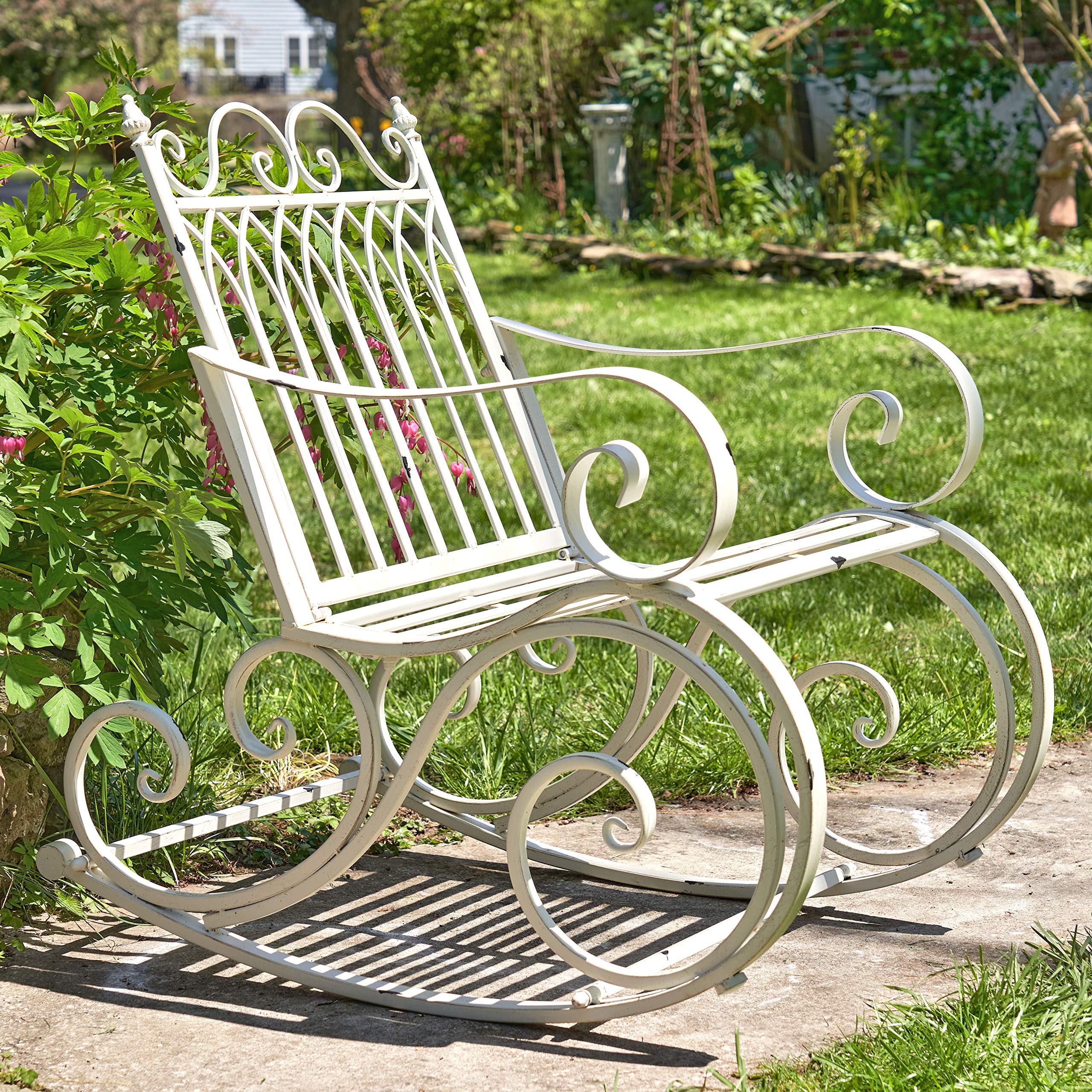 Zaer Ltd. Outdoor Metal Rocking Arm Chair - Antique White Patio Rocking Bench for Garden, Porch & Backyard Relaxation | Durable All-Weather Furniture for Outdoor Living Spaces