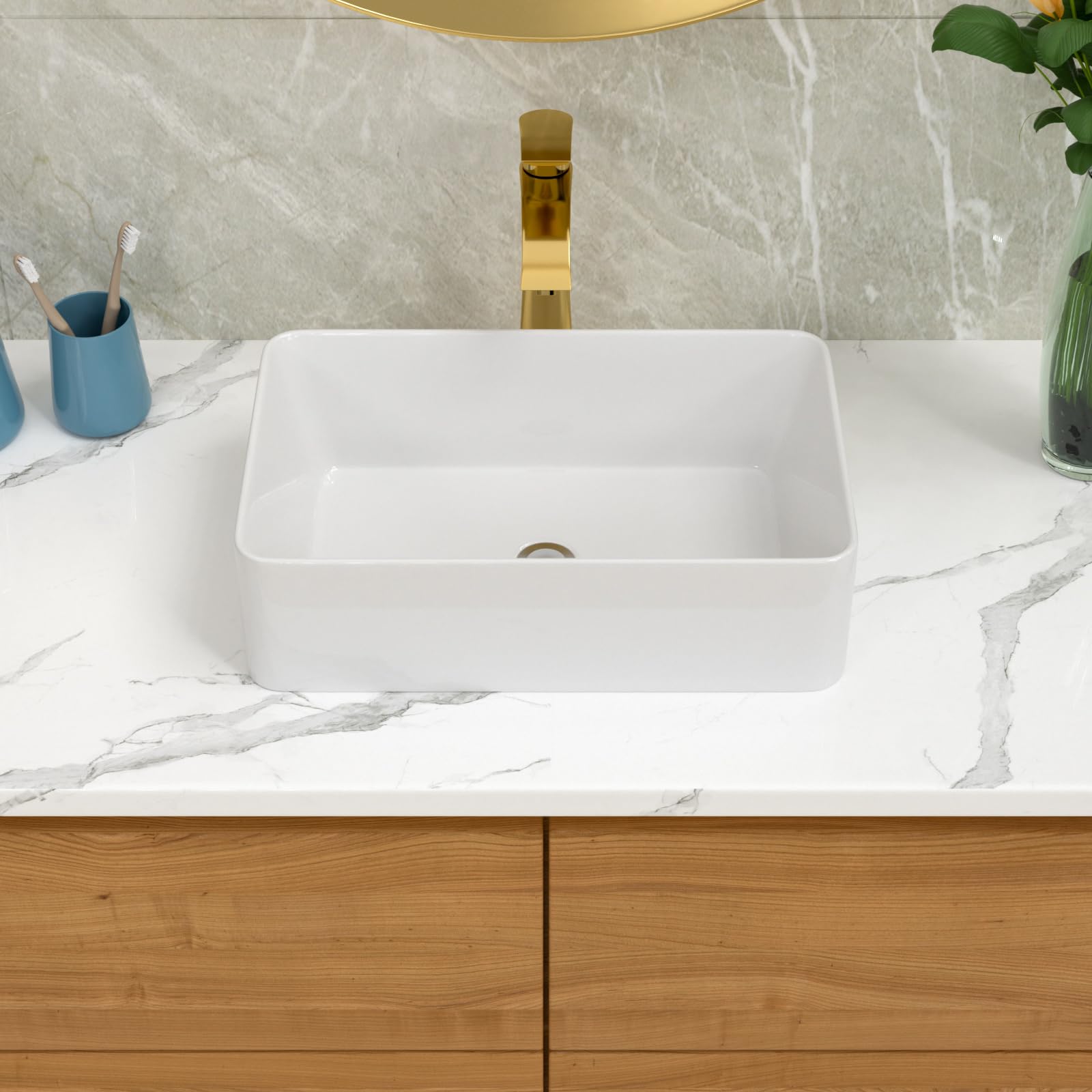 Lordear 21x14 Inch White Porcelain Rectangular Vessel Sink - Modern Above Counter Bathroom Vanity Sink for Contemporary Bathrooms & Powder Rooms