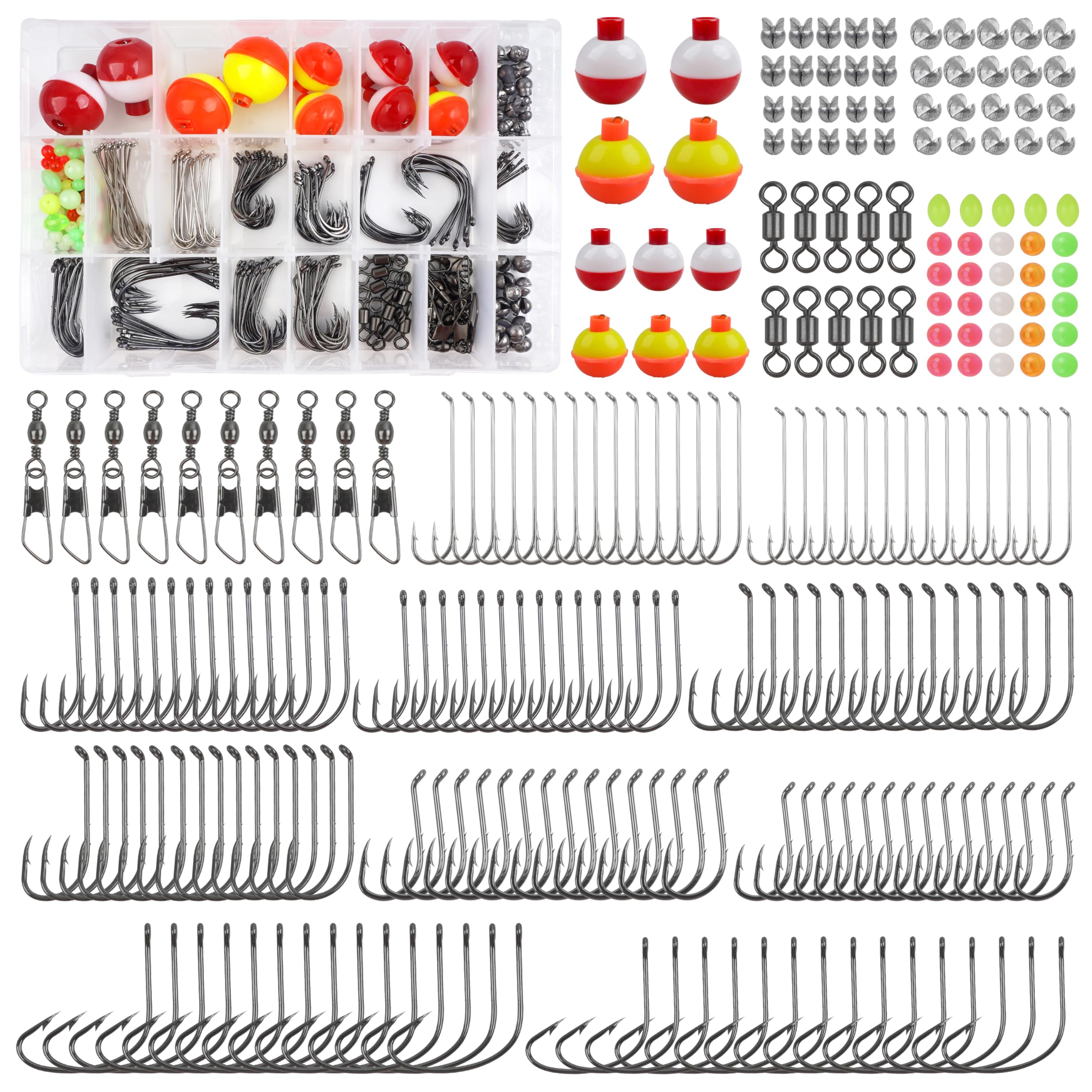 250pcs Fishing Tackle Kit with Octopus Circle Hooks, Baitholder Hooks & Bobbers - Complete Starter Set for Panfish, Catfish & Freshwater Fishing - Perfect for Beginners and Outdoor Enthusiasts