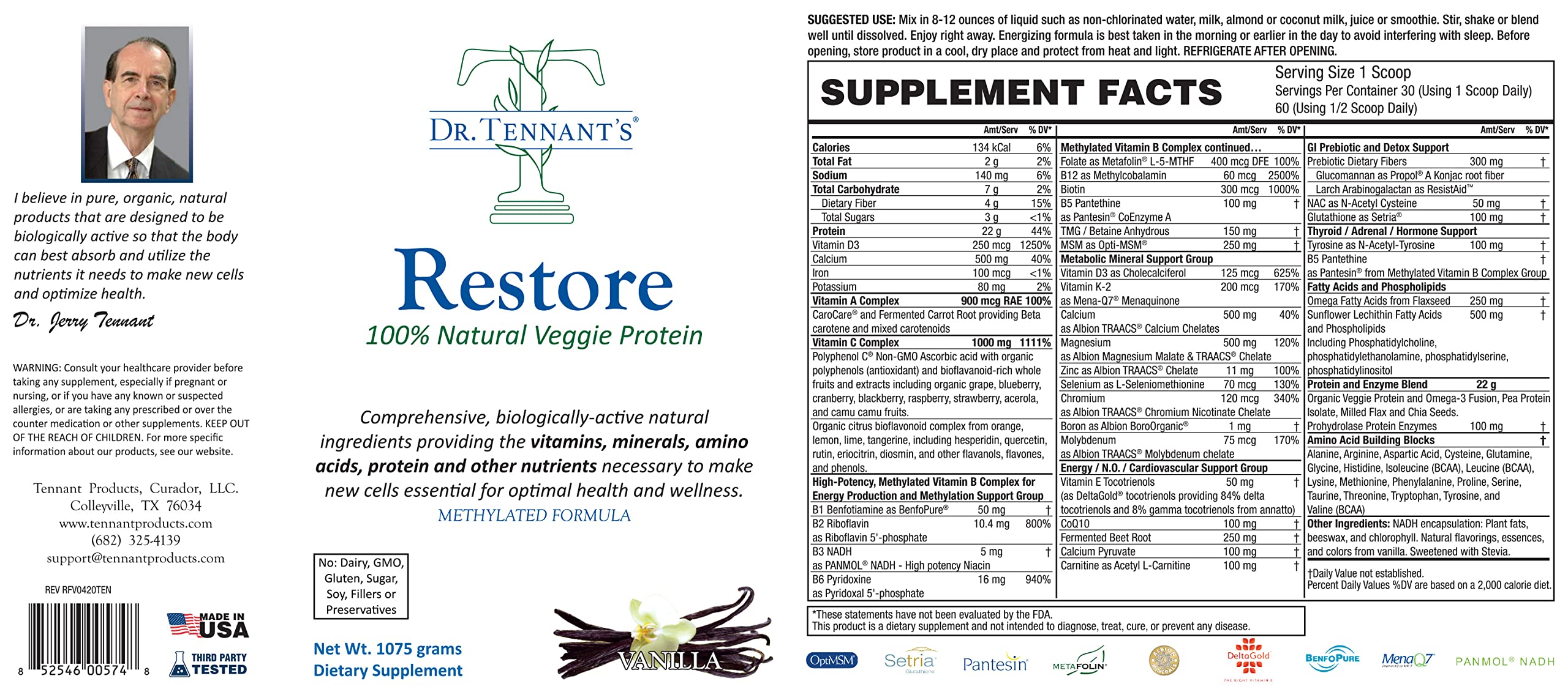 Dr. Tennant's Restore Vanilla Veggie Protein Powder | Premium Plant-Based Protein Supplement - 100% Natural, Omega-3 Enriched with Pea Protein Isolate - Low Carb, Keto, Dairy Free, Vegan Friendly - 30 Day Supply for Smoothies, Baking & Post-Workout Recovery