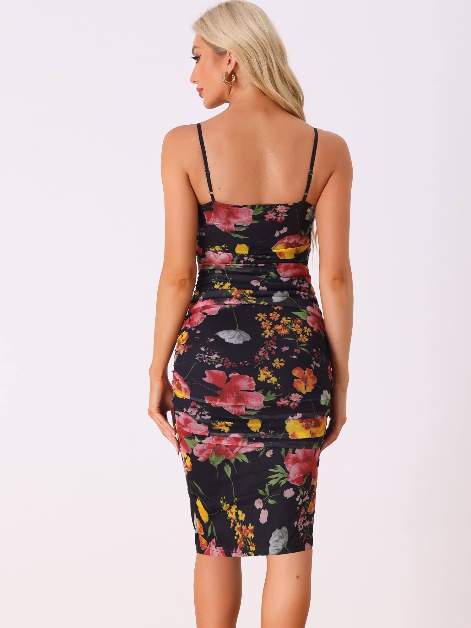 Allegra K Women's Floral Cami Dress - Ruched Mesh Side Slit Bodycon Summer Dress for Casual Outings, Beach Vacations & Night Out Parties