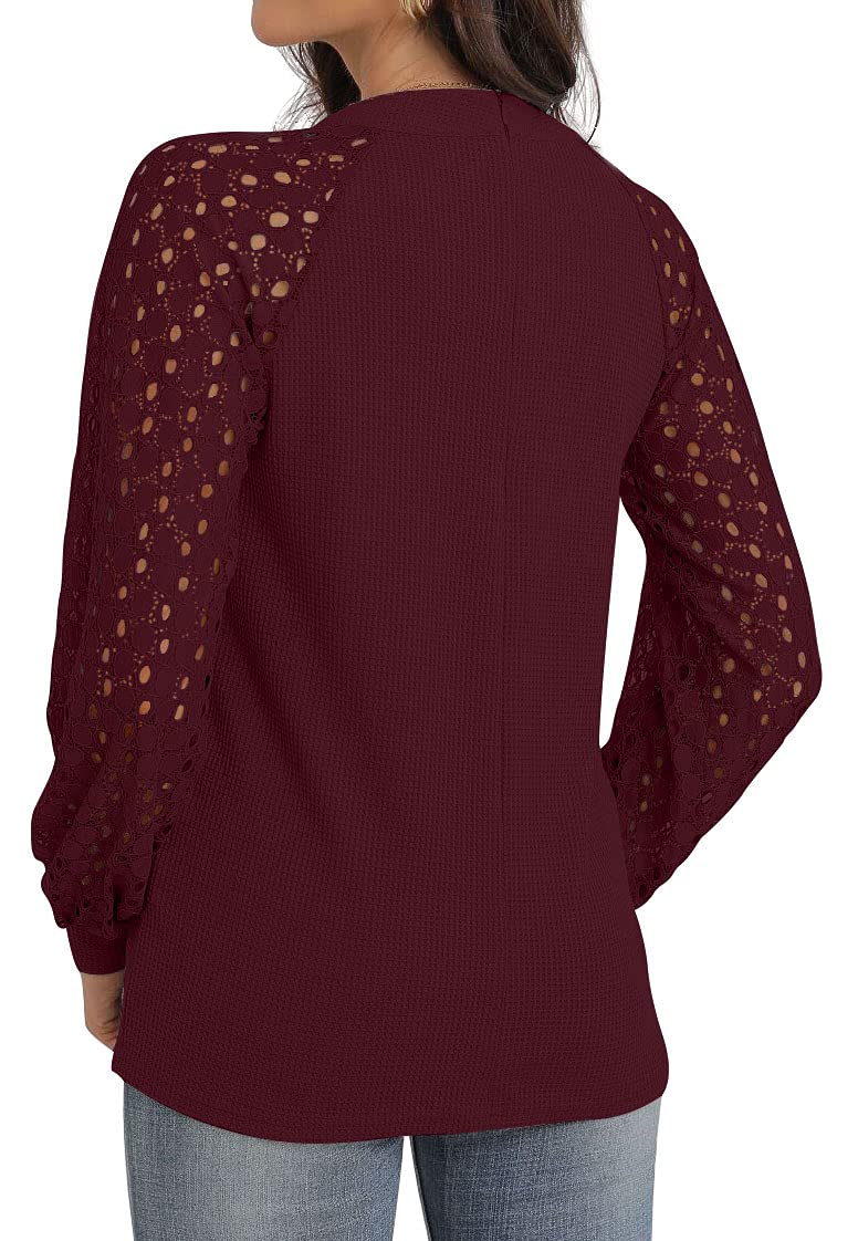 IWOLLENCE Women's Waffle Knit Blouse - Puff Sleeve Lace Tops for Casual Wear, Loose Fit T-Shirt (Long & Short Sleeve Options) | Perfect for Office, Date Night & Everyday Outfits