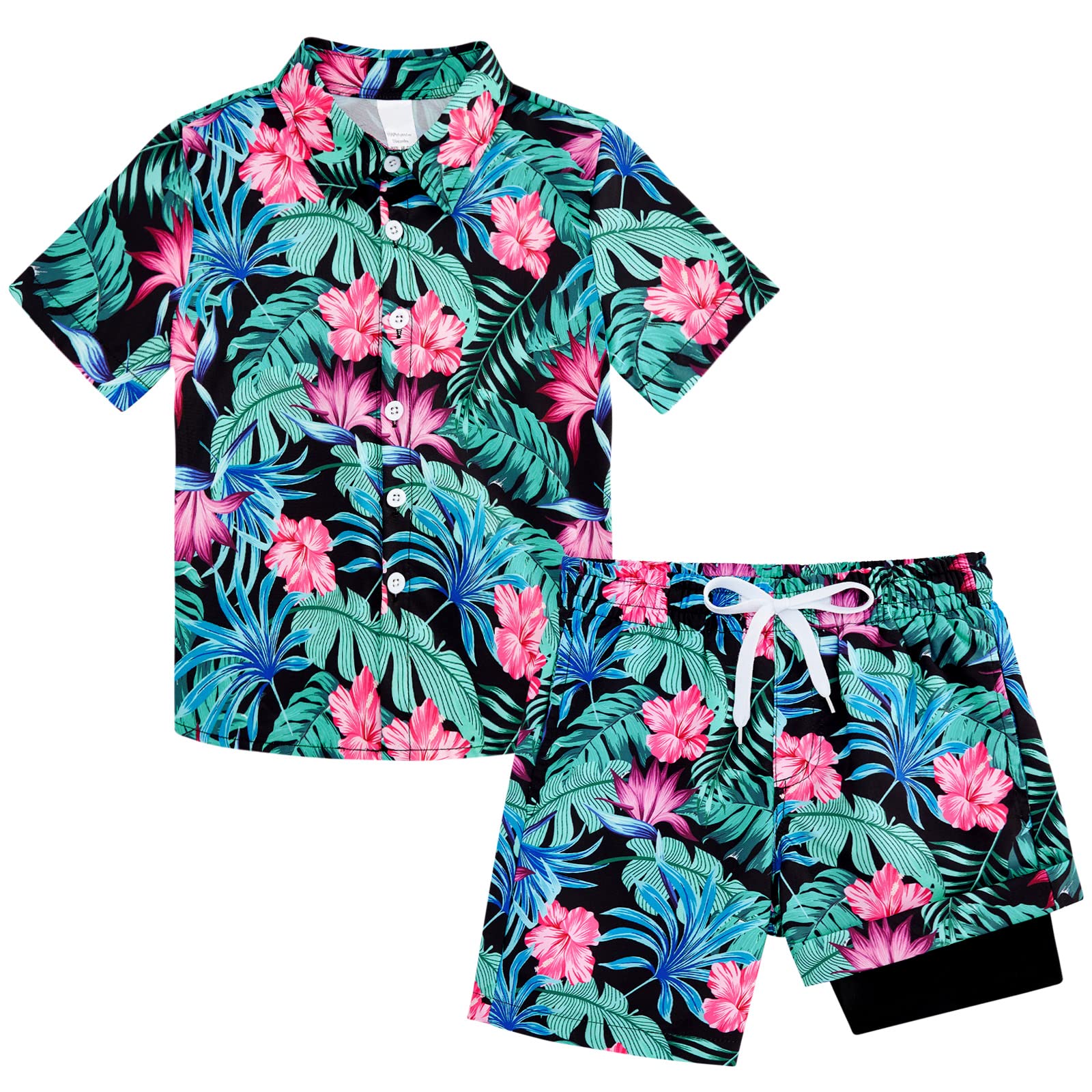 UNICOMIDEA Boys Hawaiian Shirt & Swim Trunks Set - Tropical Print 2-Piece Outfit for Kids 5-12 Years | Beach Vacation, Pool Party, Summer Outing
