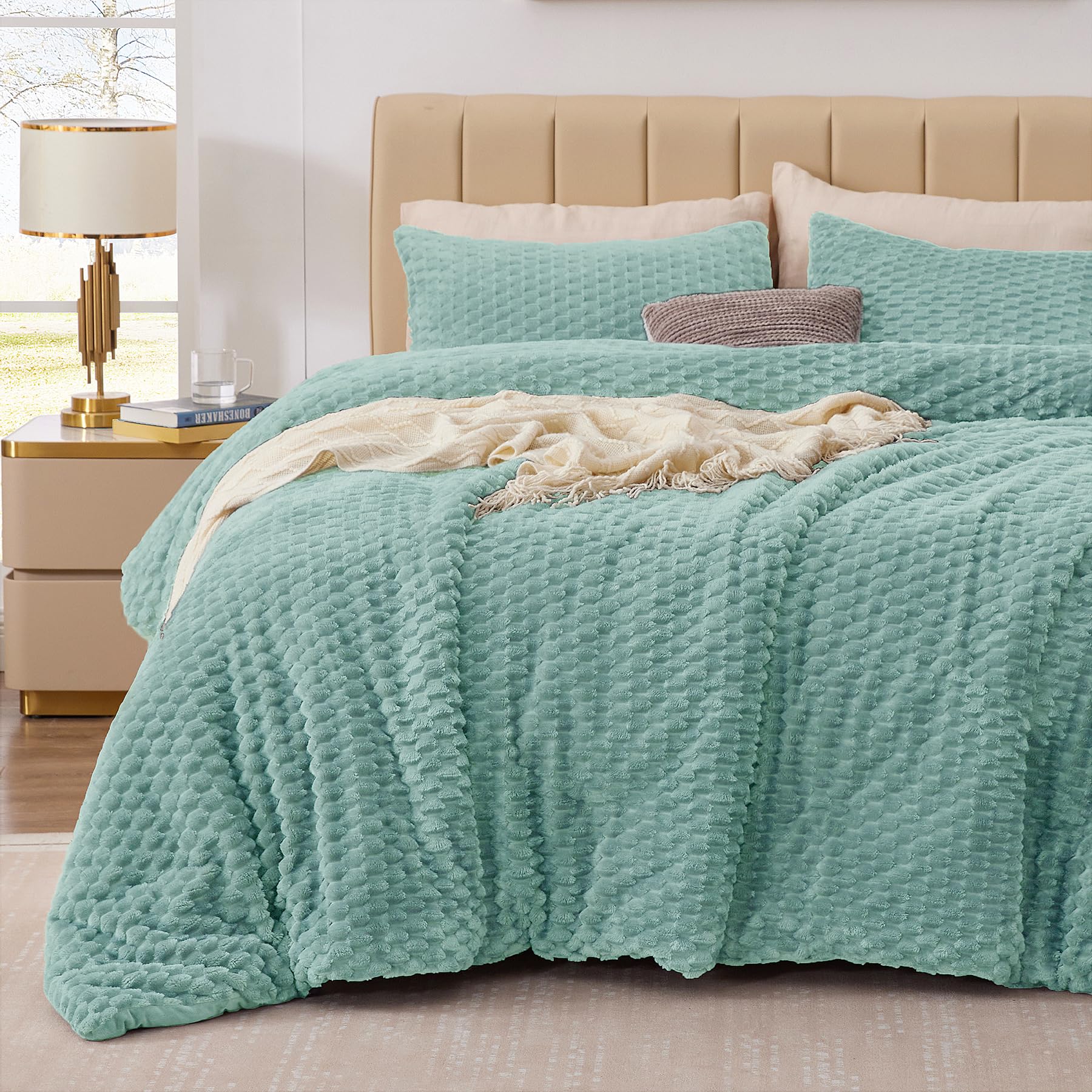 Fluffy King Comforter Set - Luxury Fuzzy Brushed Plaid Pattern Bedding | Ultra Soft Velvet Winter Comforter in Eggshell Blue | 3-Piece Bed Set for Cozy Nights & Cold Weather | Perfect for Master Bedroom, Guest Room & Dorm Decor
