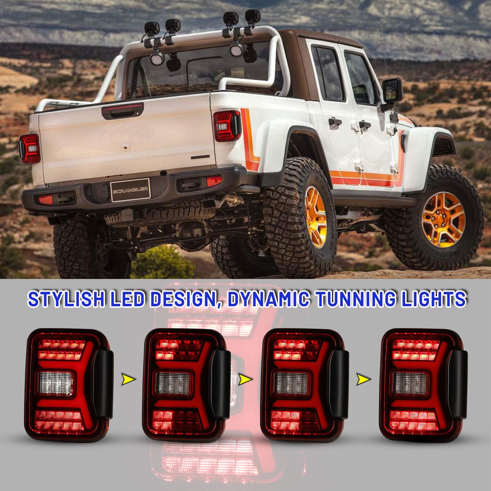 AUTOWIKI LED Tail Light Assembly for 2019-2021 Jeep Gladiator JT - Sequential Turn Signal Tail Lights Replacement - Black Red Lens - 1 Pair Rear Brake Tail Lamps - Perfect for Off-Roading & Night Driving