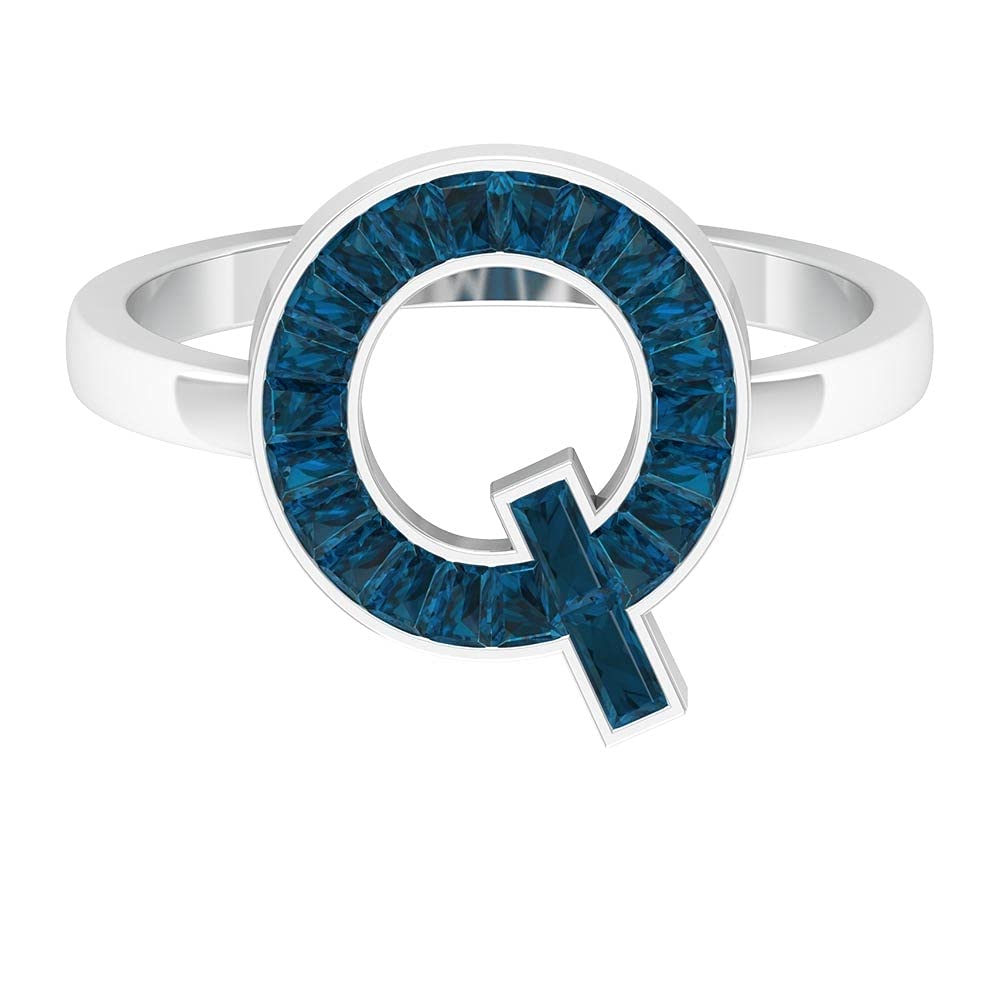 London Blue Topaz Initial Rings for Women - A-Z Alphabet Rings in 14K White Gold with Baguette Blue Topaz | Personalized Jewelry Gift for Birthday, Anniversary & Special Occasions