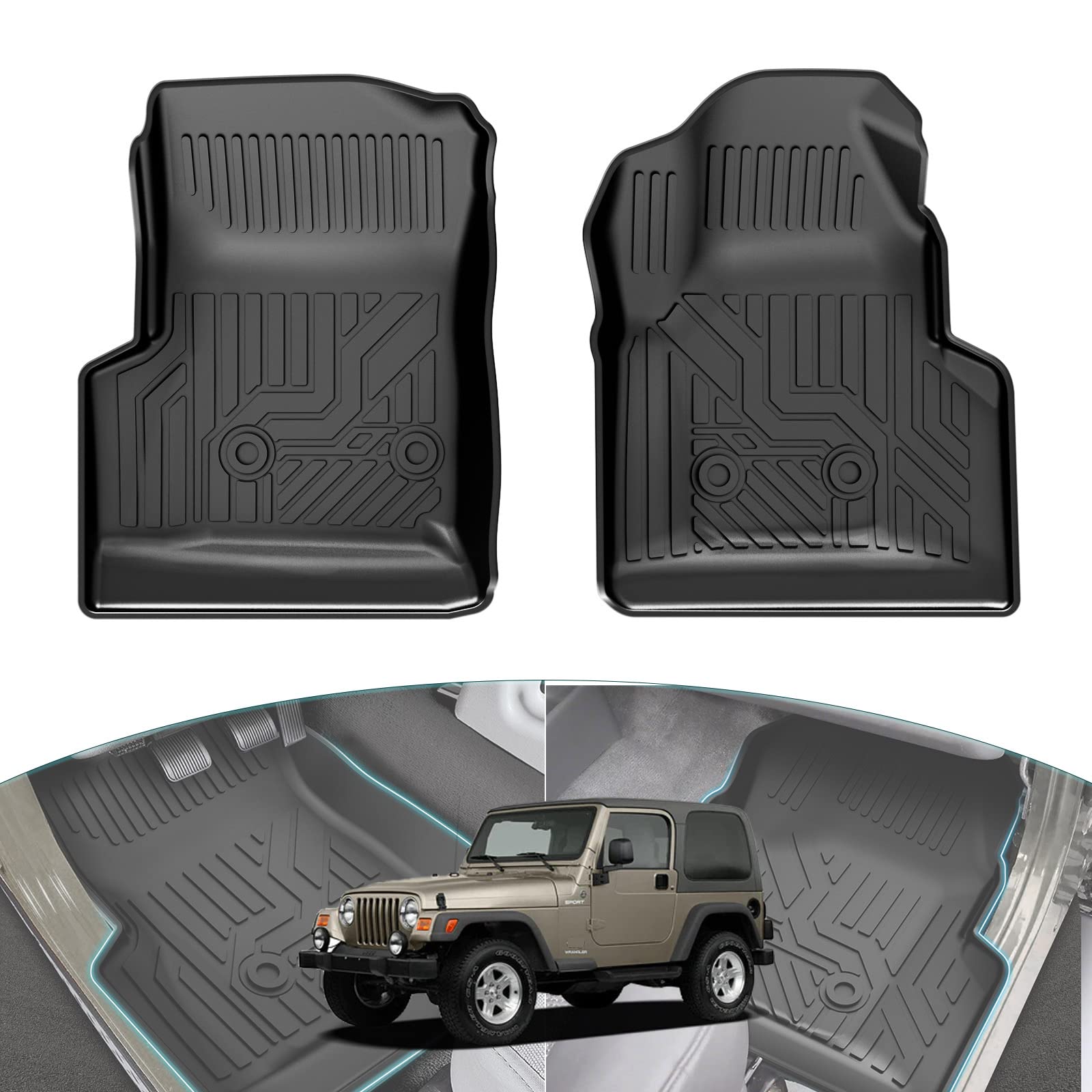 **Jeep Wrangler TJ Floor Mats (1997-2006) - Heavy Duty TPE All-Weather Protection, Front Row Liners with Electronic Pattern (2-Piece Set, Black) - Perfect for Off-Roading, Daily Commuting & Extreme Weather Conditions**