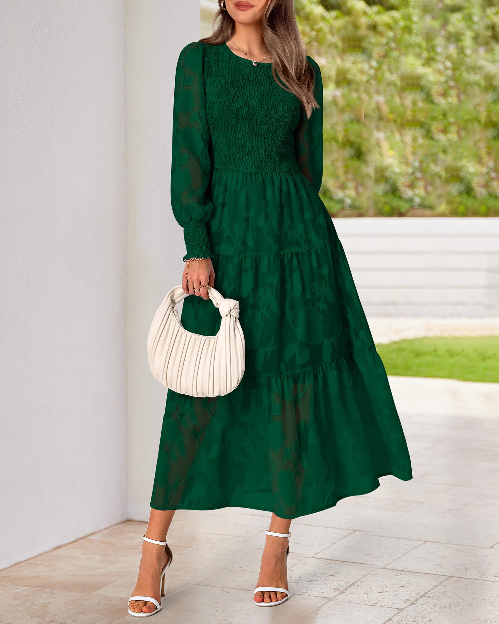 BTFBM Women's Elegant Floral Midi Dress - Long Sleeve Bohemian Wedding Guest Dress for Spring 2025 | Perfect for Garden Parties, Bridal Showers & Formal Events