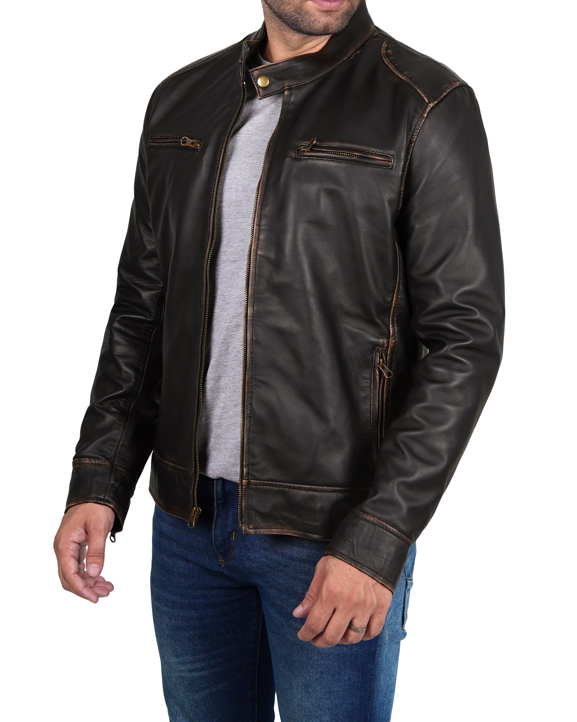 Decrum Men's Real Lambskin Leather Jacket - Classic Cafe Racer Style Motorcycle Jacket for Bikers & Fashion | Perfect for Riding, Casual Wear & Night Out