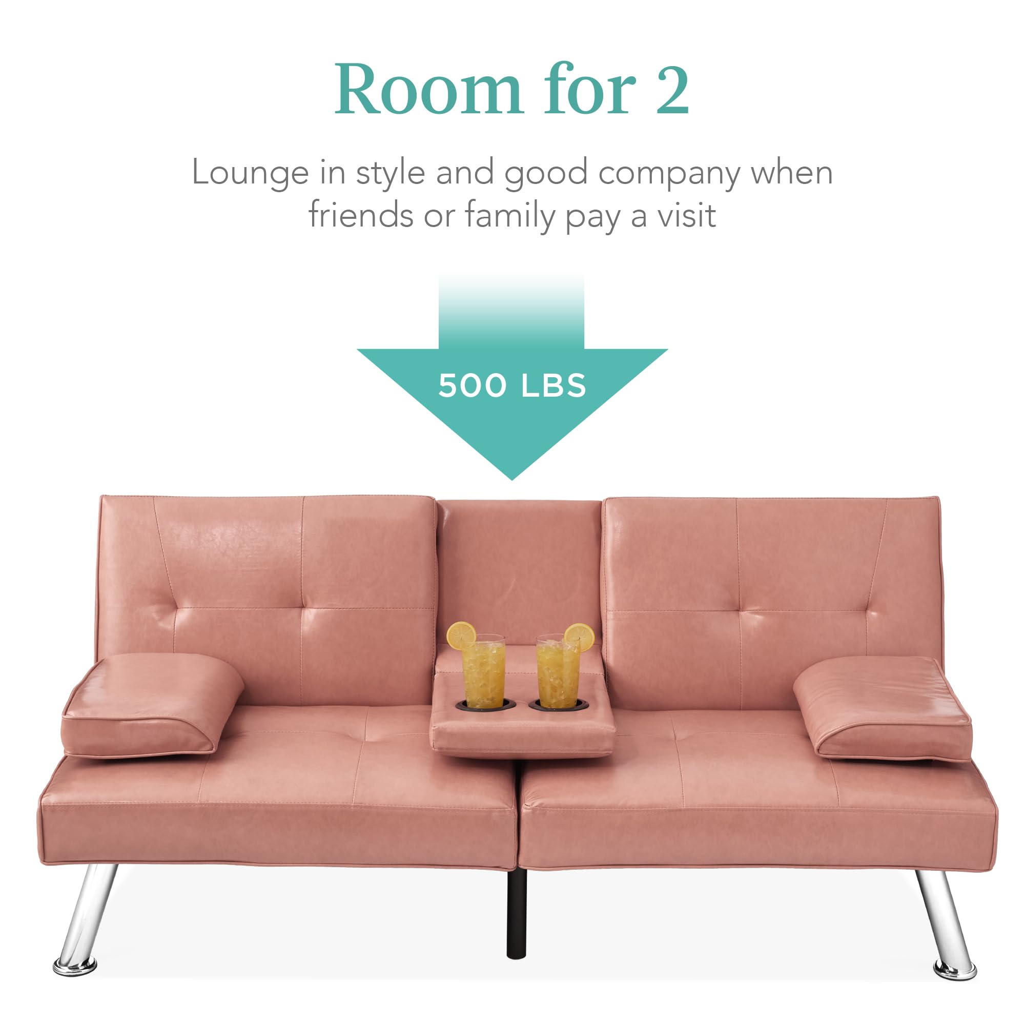 Best Choice Products Faux Leather Convertible Futon Sofa Bed - Adjustable Folding Guest Bed with Removable Armrests, Modern Upholstered Sleeper for Living Room, Office & Small Spaces - Pink