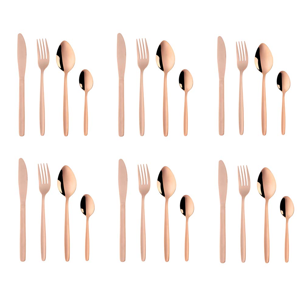 BuyGo 24-Piece Stainless Steel Rose Gold Silverware Set - Elegant Flatware Dinnerware for 6 People | Hand-Polished & Dishwasher Safe | Perfect for Camping, Picnics & Outdoor Dining