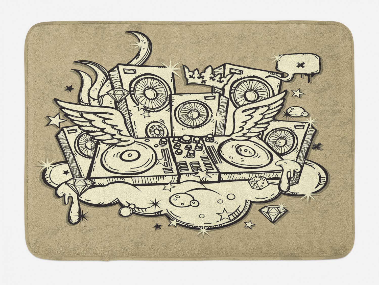 Lunarable Rap Music Bath Mat - Hand-Drawn DJ Disco Design with Speakers & Crown, Non-Slip Plush Bathroom Rug (30.2