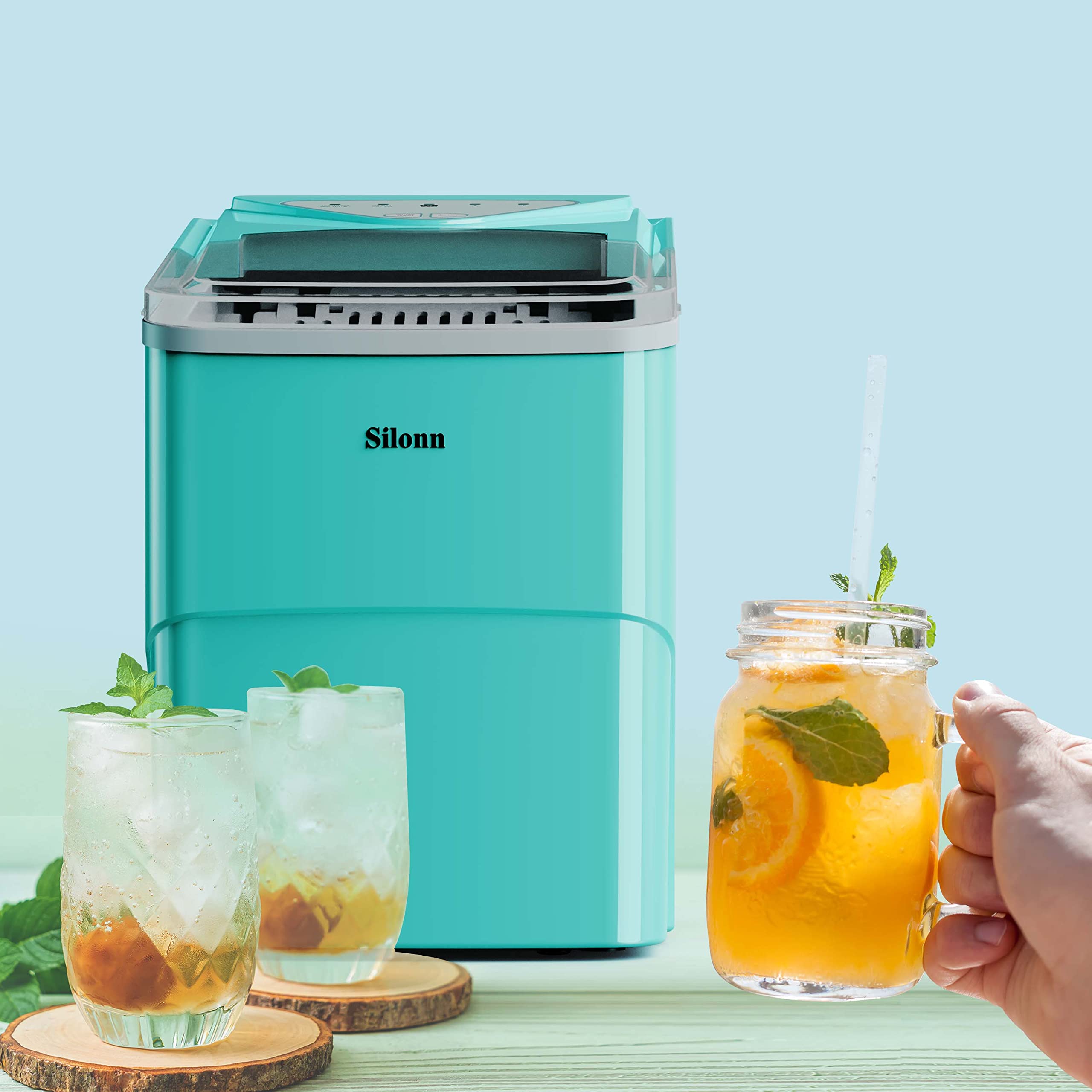 Silonn Countertop Ice Maker - 9 Cubes in 6 Minutes, 26lbs Daily, Self-Cleaning with Scoop & Basket - 2 Ice Sizes for Home, Kitchen, Office, Bar & Parties (Green) - Perfect for Cocktails, Beverages & Entertaining