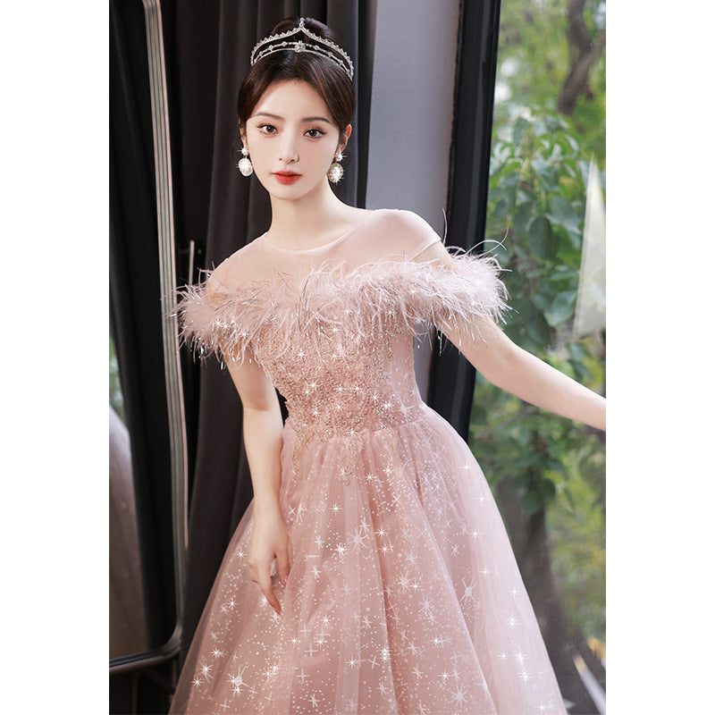 Elegant Off Shoulder Pink Shiny Prom Dress with Feather Details | A-Line Sweet Party Gown for Women | Perfect for Homecoming, Prom Night, and Formal Events
