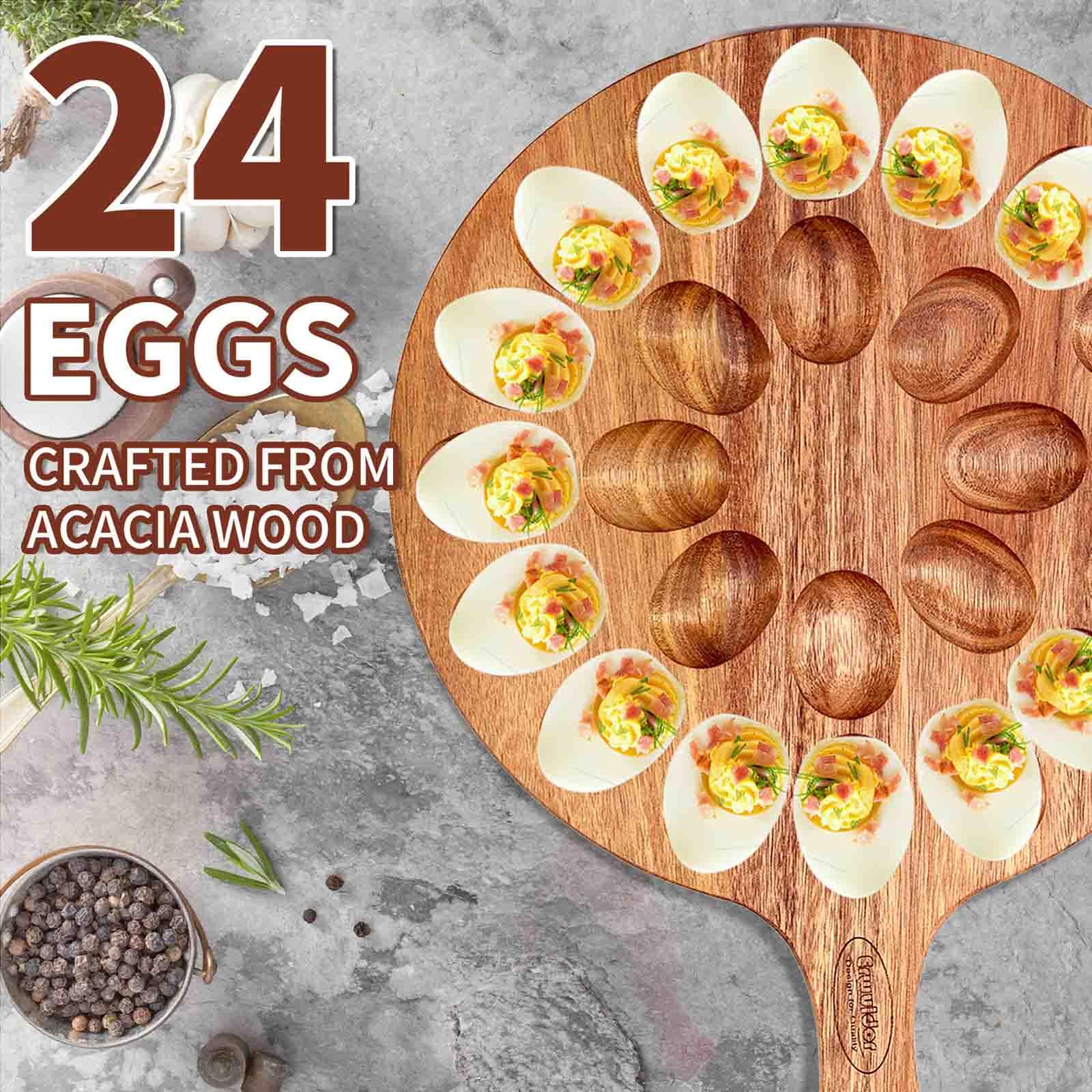Premium Acacia Wood Deviled Egg Platter - 24 Hole Round Serving Tray for Deviled Eggs, Charcuterie & Easter Entertaining | Perfect for Kitchen Countertops, Holiday Parties & Potluck Gatherings