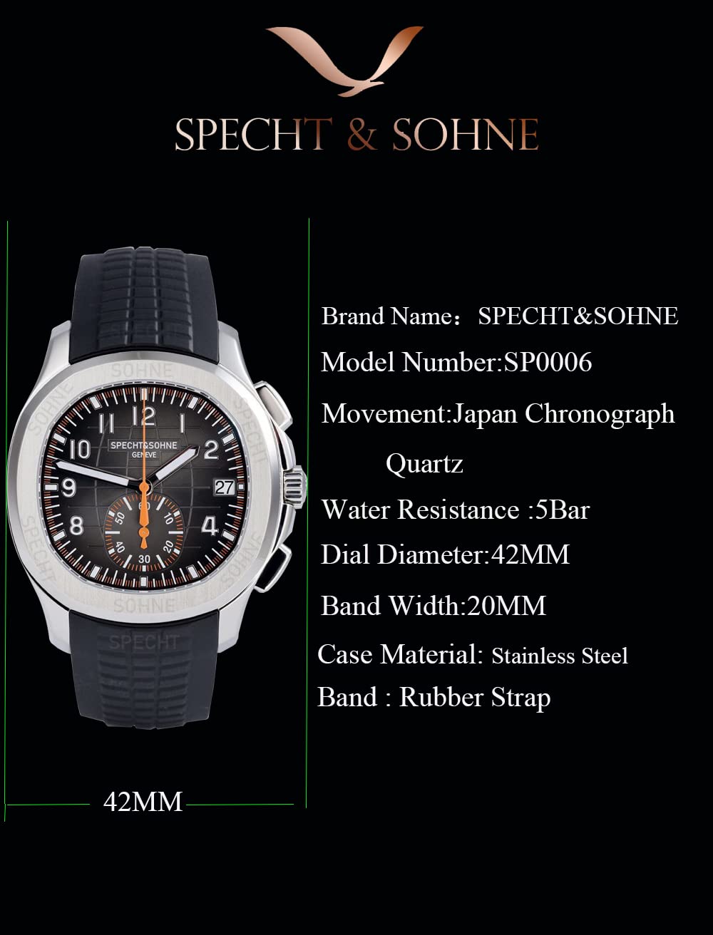 TACTO Specht & Sohne Men's Chronograph Quartz Watch - 42mm Stainless Steel Sports Watch with Luminous Hands & Waterproof Rubber Strap - Perfect for Swimming, Running, and Outdoor Activities