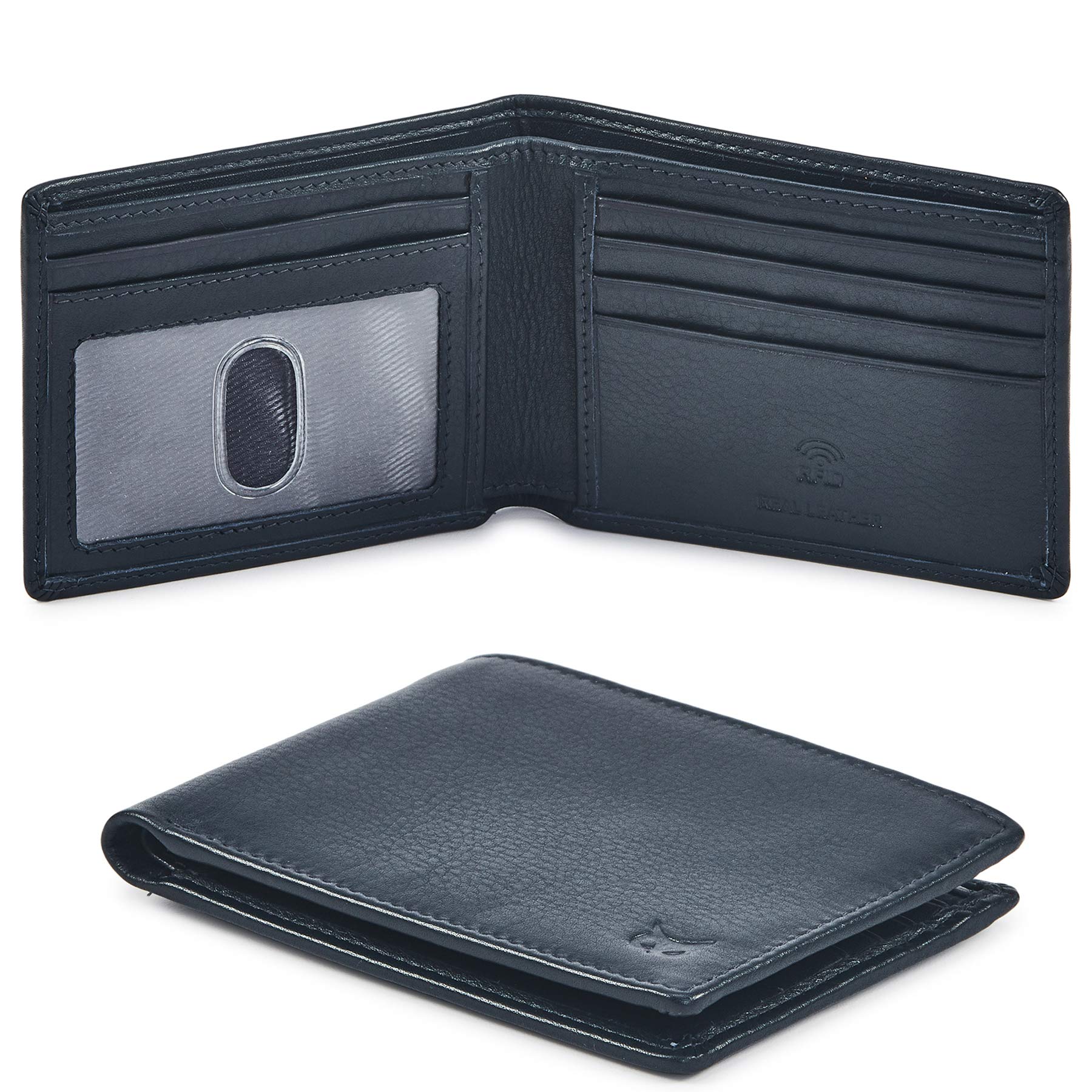 Genuine Leather Men's RFID Blocking Bifold Wallet - Slim & Minimalist Front Pocket Design with ID Window - Thin, Stylish Gift Box (Nappa, Midnight Navy) - Perfect for Everyday Carry, Travel & Business Use