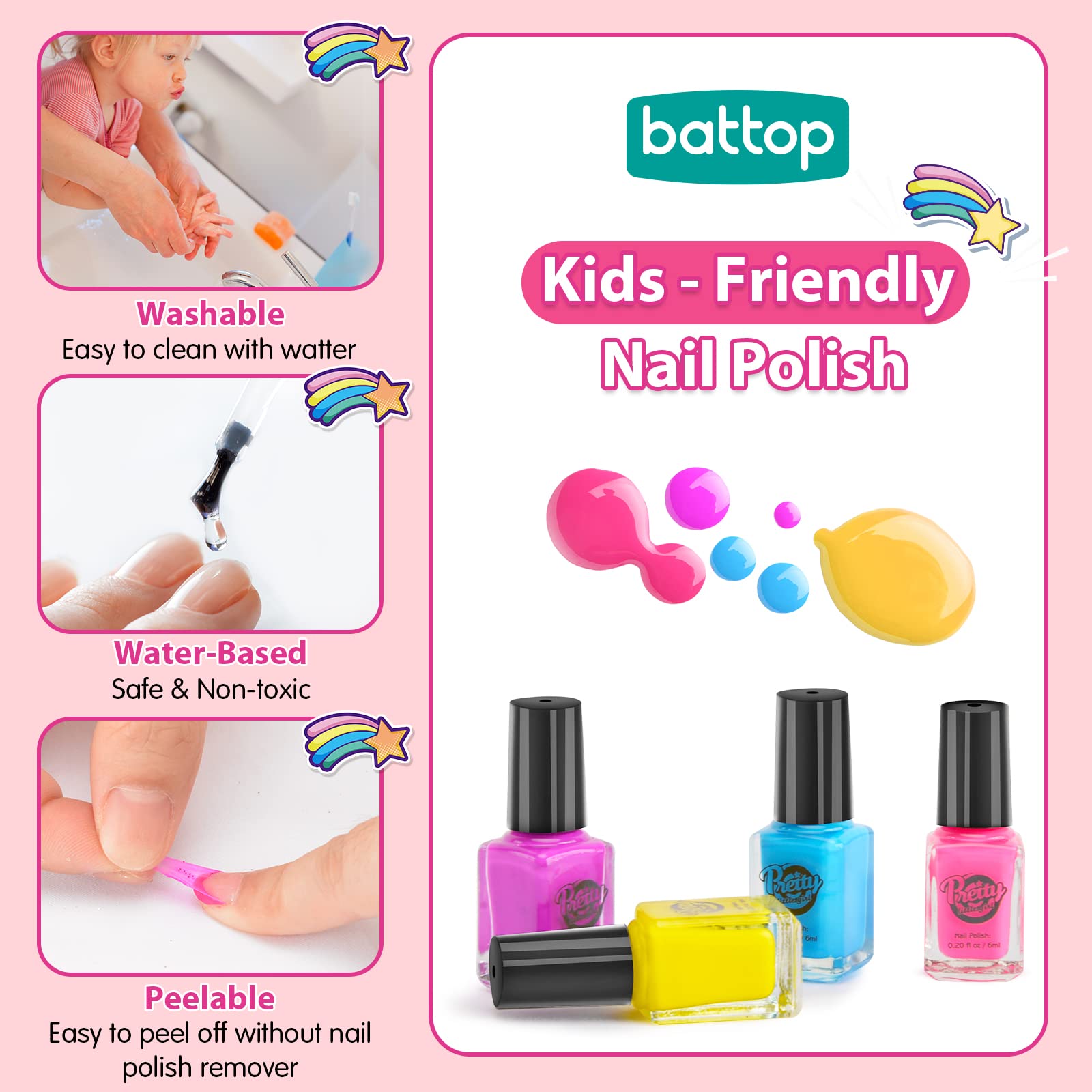 BATTOP Non-Toxic Kids Nail Polish Set for Girls Ages 6-12 - 10 Colors Quick Dry Peel Off Nail Art Kit with Nail Dryer & Glitter Pen | Safe Christmas Birthday Gift for Girls | Perfect for DIY Nail Art, Parties & Playdates