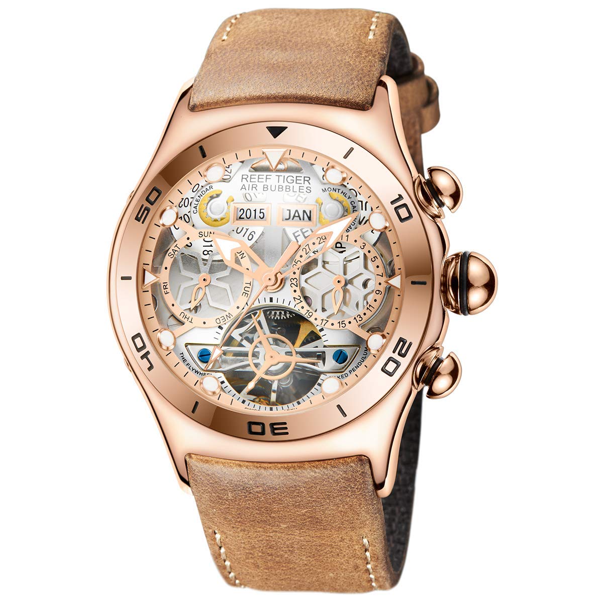 REEF TIGER Men's Luxury Sport Watch - Rose Gold Skeleton Automatic Tourbillon Chronograph Waterproof Watch for Business, Diving & Formal Occasions (Model RGA703-PWB)