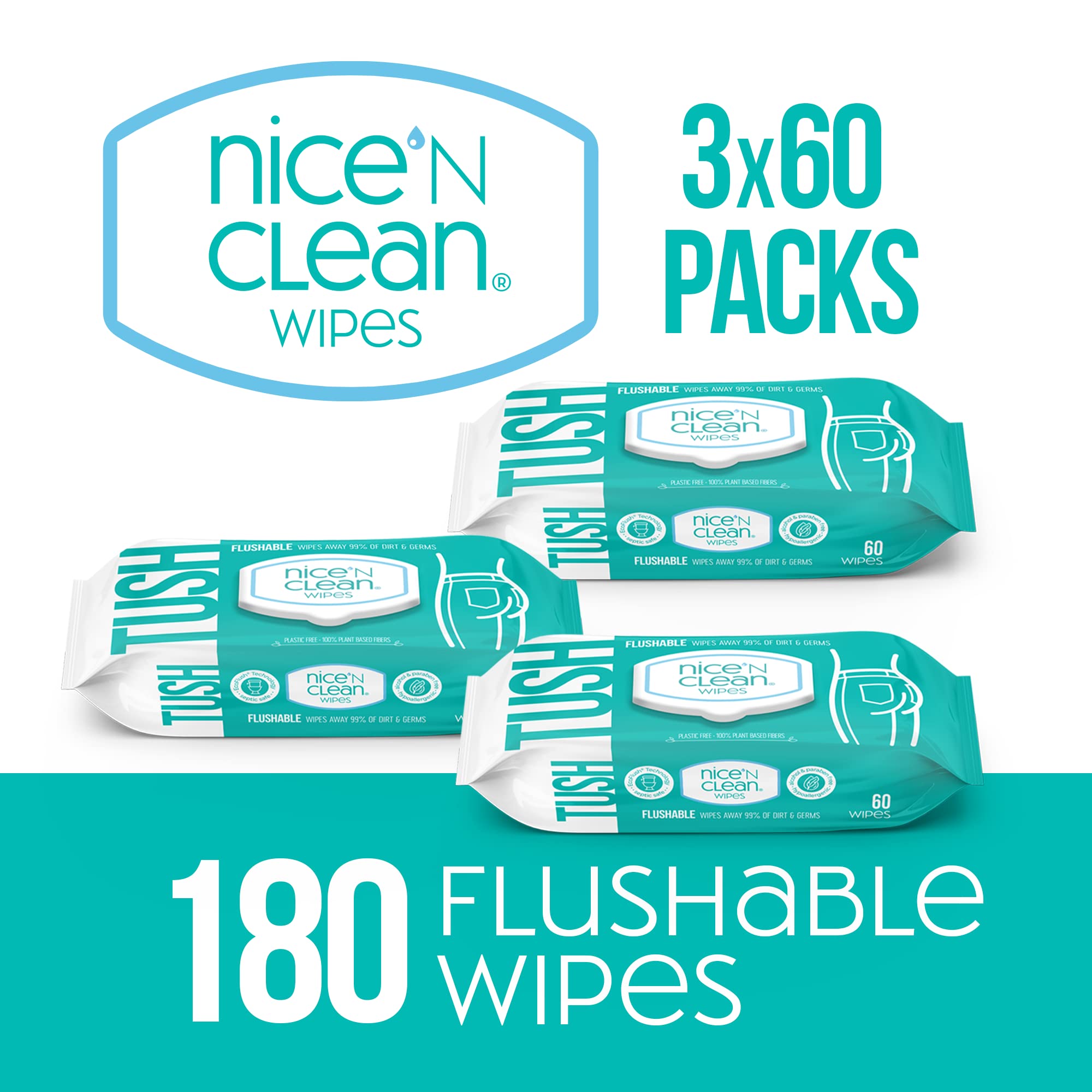 Nice 'N Clean Adult Flushable Wipes - 3 Pack (180 Wipes Total) | Plant-Based Biodegradable Personal Cleansing Wipes with Aloe Vera & Vitamin E | Gentle for Sensitive Skin, Ideal for Travel, Gym & Postpartum Care