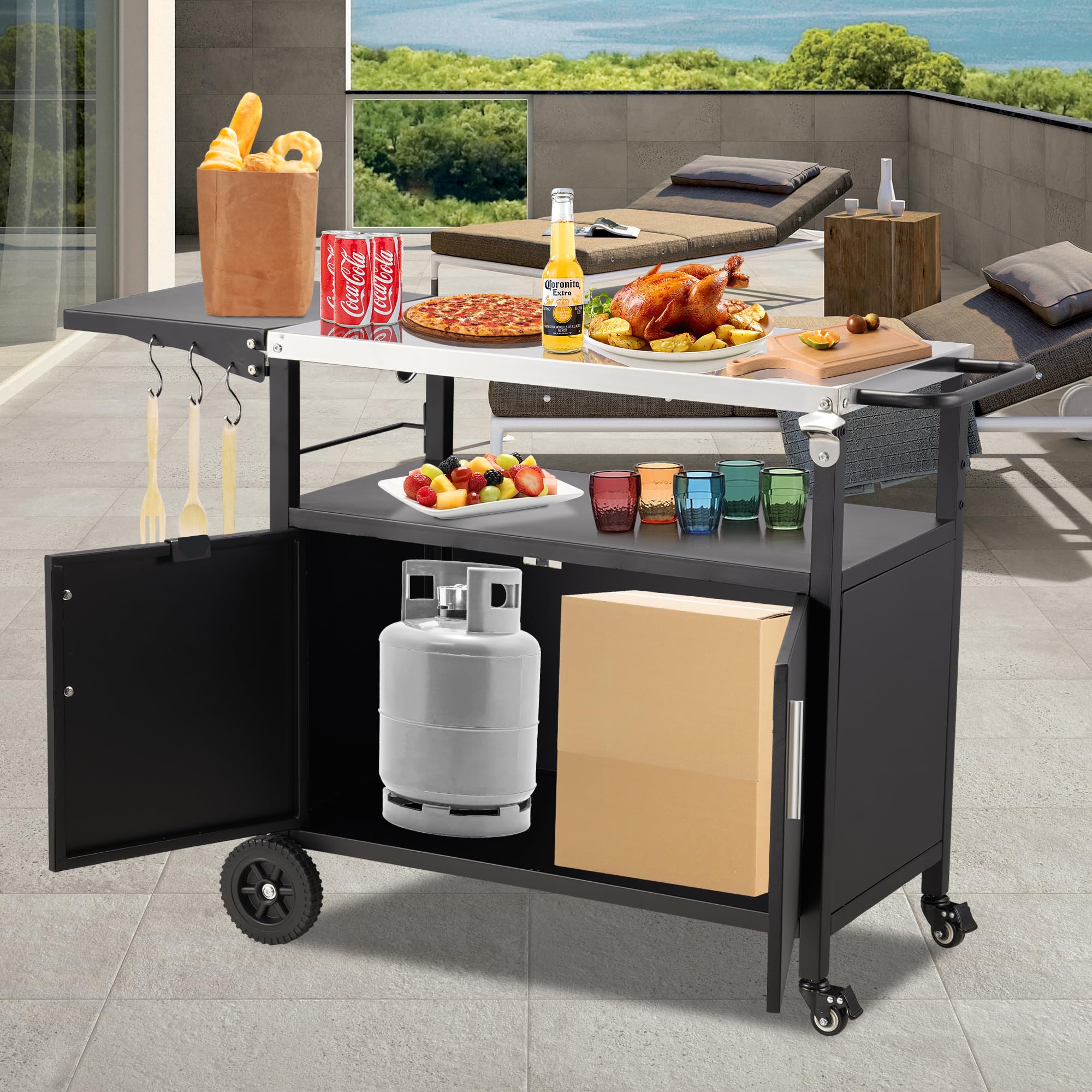 Portable Outdoor Grill Cart with Storage Cabinet - Movable BBQ Food Prep Table & Pizza Oven Stand for Backyard, Patio, Garden - Perfect for Outdoor Cooking, Entertaining & Storage Solutions