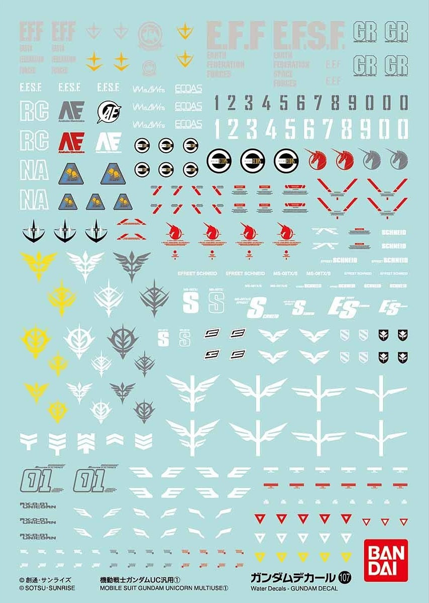 Bandai Gundam Decal #107 for Mobile Suit Gundam Unicorn - High-Quality Water Slide Transfer Decals for Model Kits - Perfect for Customizing HG, MG, RG Gunpla Models