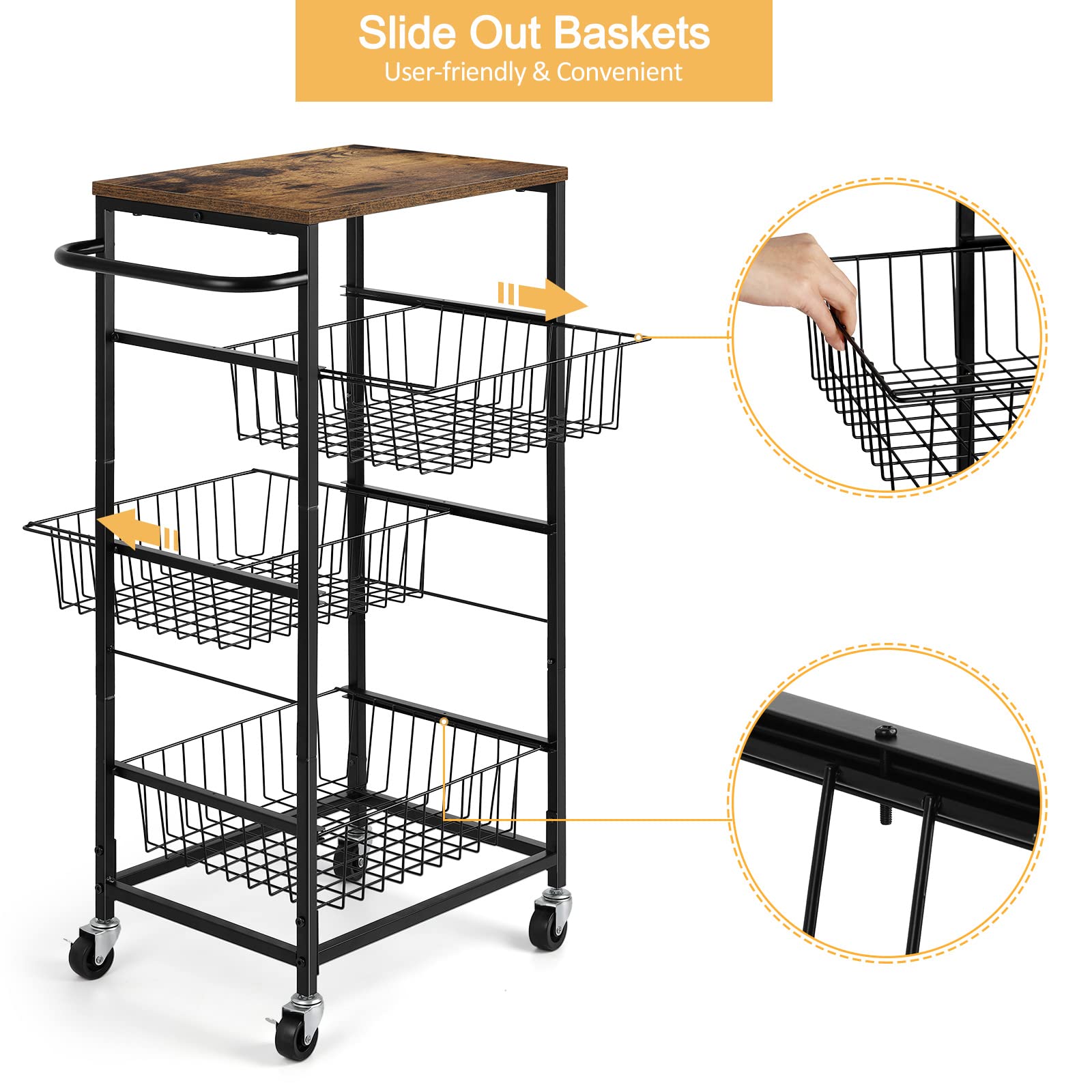 Smusei 4-Tier Rolling Kitchen Cart with Pull-Out Baskets - Mobile Metal Utility Storage Cart for Home, Bathroom, Pantry Organization - Perfect for Small Spaces, Kitchen Prep & Bathroom Storage