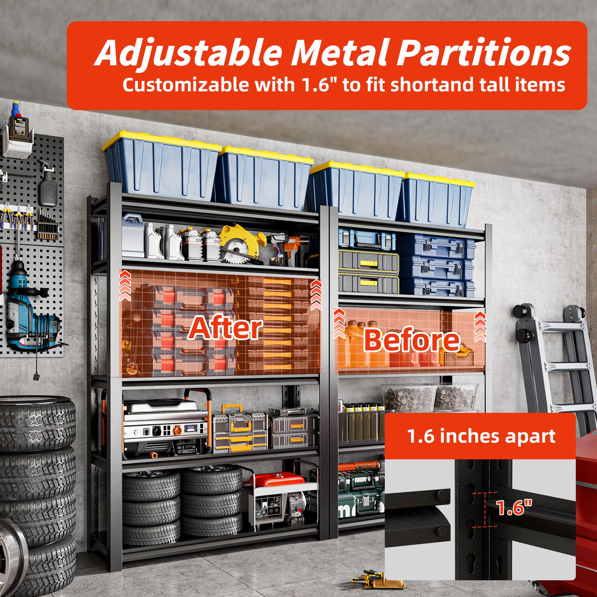 5-Tier Heavy Duty Storage Shelves - 2500 lb Capacity Boltless Metal Shelving Unit for Garage, Basement & Shed (16