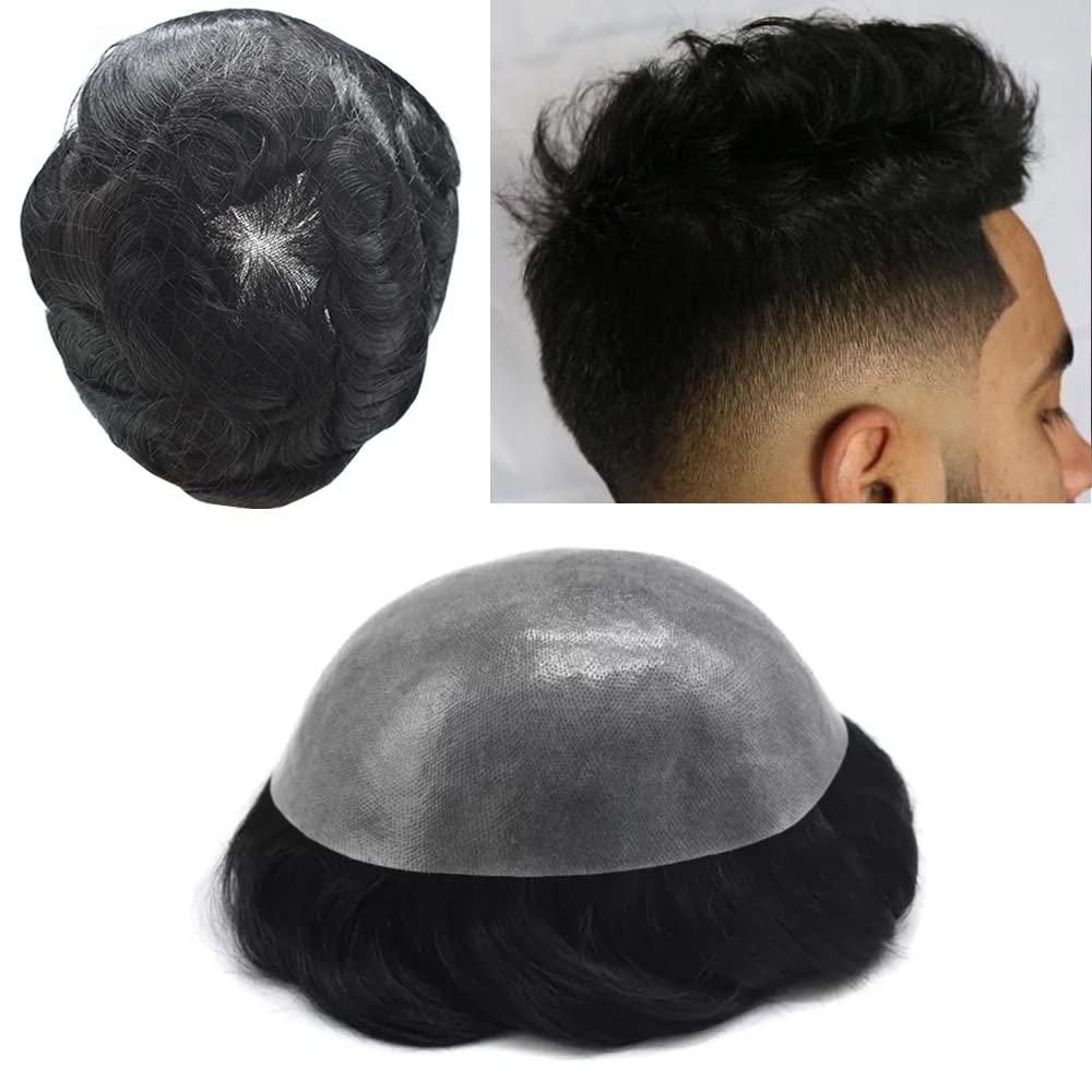 Men's Toupee Hair System - Full Clear PU Base European Human Hair Replacement - Easy Attach Hairpiece for Thinning Hair & Baldness - Natural Look for Daily Wear, Work & Social Events