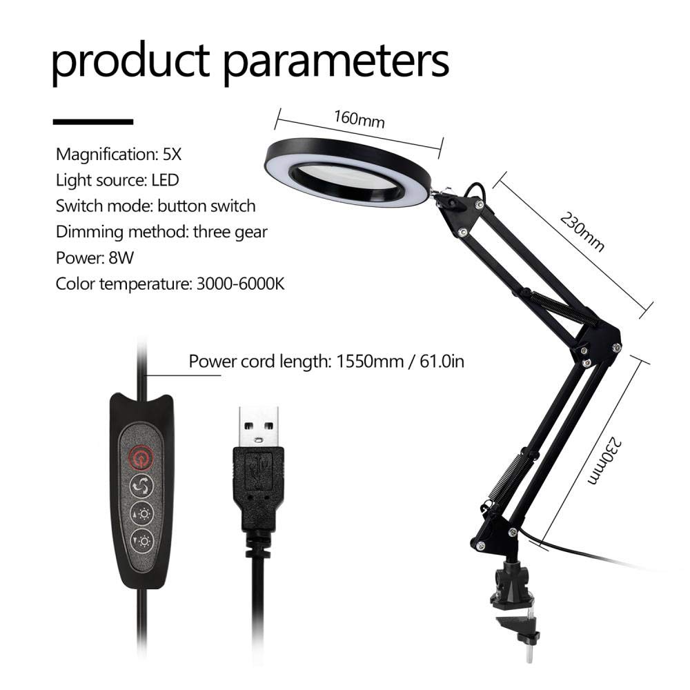 5X Magnifying Glass with LED Light - Foldable Desk Lamp for Reading & Crafts, 3 Dimming Modes, USB Powered - Perfect for Jewelry Making, Watch Repair & Close-up Work