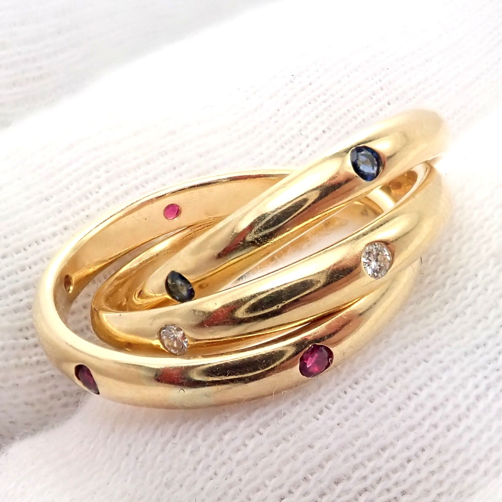 Authentic Cartier 18k Yellow Gold Ruby Sapphire Diamond Trinity Band Ring Vintage 1995 - Luxury Jewelry for Anniversary, Wedding & Special Occasions
