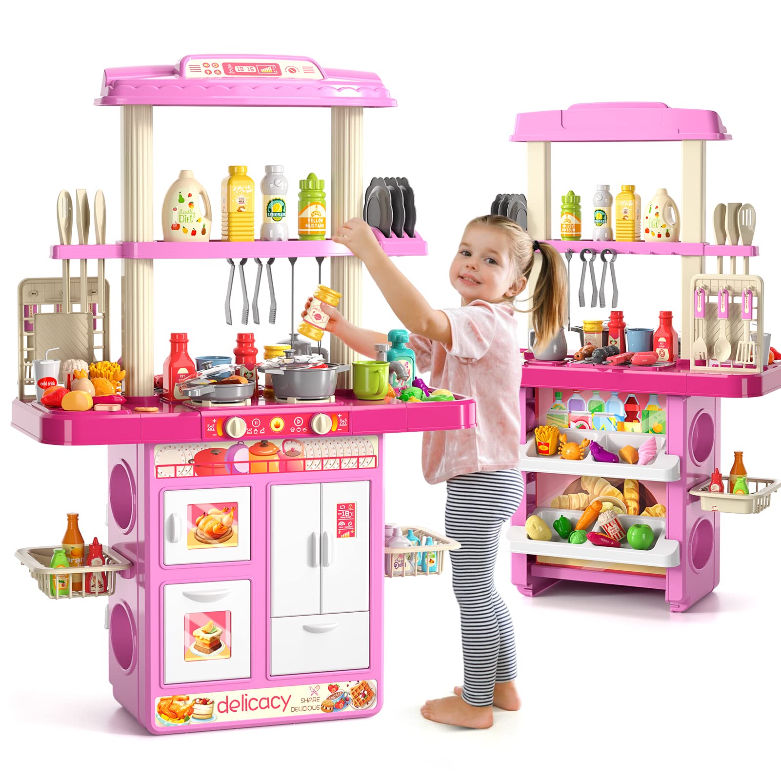 Lucky Doug 73PCS 2-in-1 Kids Kitchen Playset with Toy Accessories for Pretend Play, Toddler Girl Toys for Christmas & Birthday Gifts, Perfect for Home, Preschool & Daycare Fun