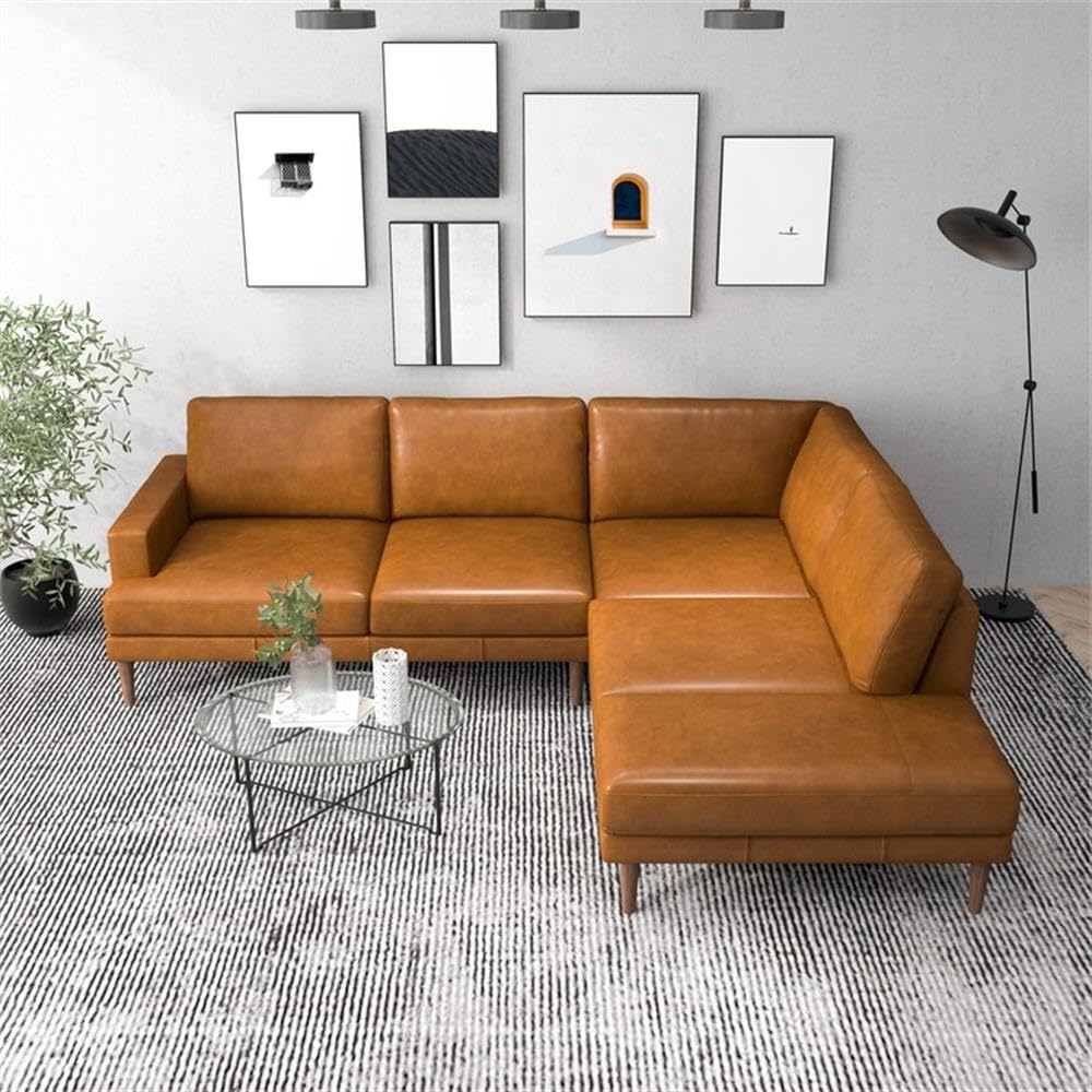 Premium ASHCROFT Aplee Modern Leather Corner Sectional Sofa - Tan Brown Genuine Leather Living Room Couch with Chaise Lounge | Perfect for Family Gatherings, Movie Nights & Contemporary Home Decor